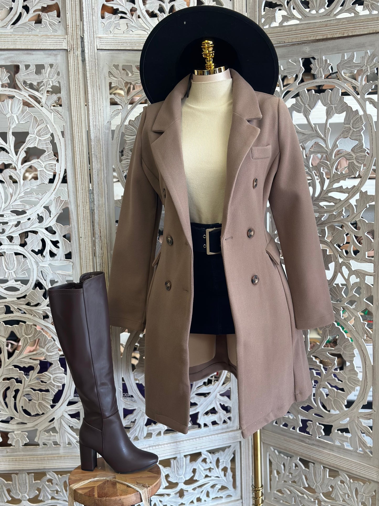 Taupe Two Button Coat- Stretchy, Estira