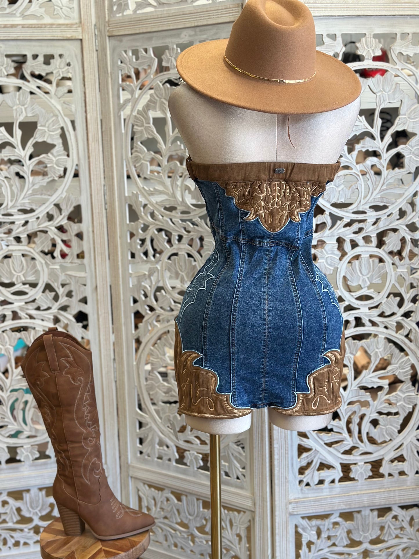 Denim Brown Western Embroidered Dress- Stretchy