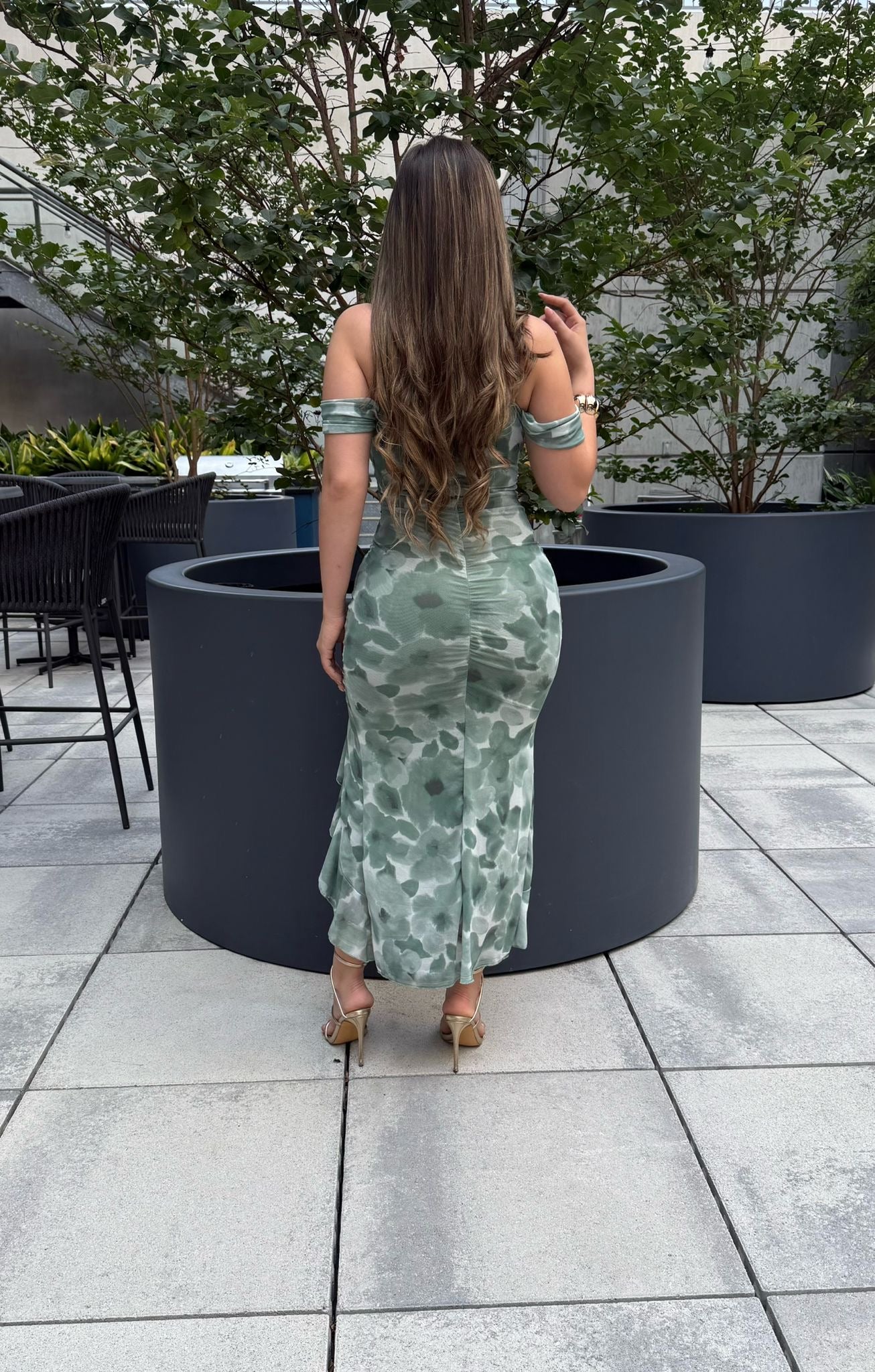 Hazy Brushed Floral Off Shoulder Draped Ruffle Midi Dress-Estira, Stretchy