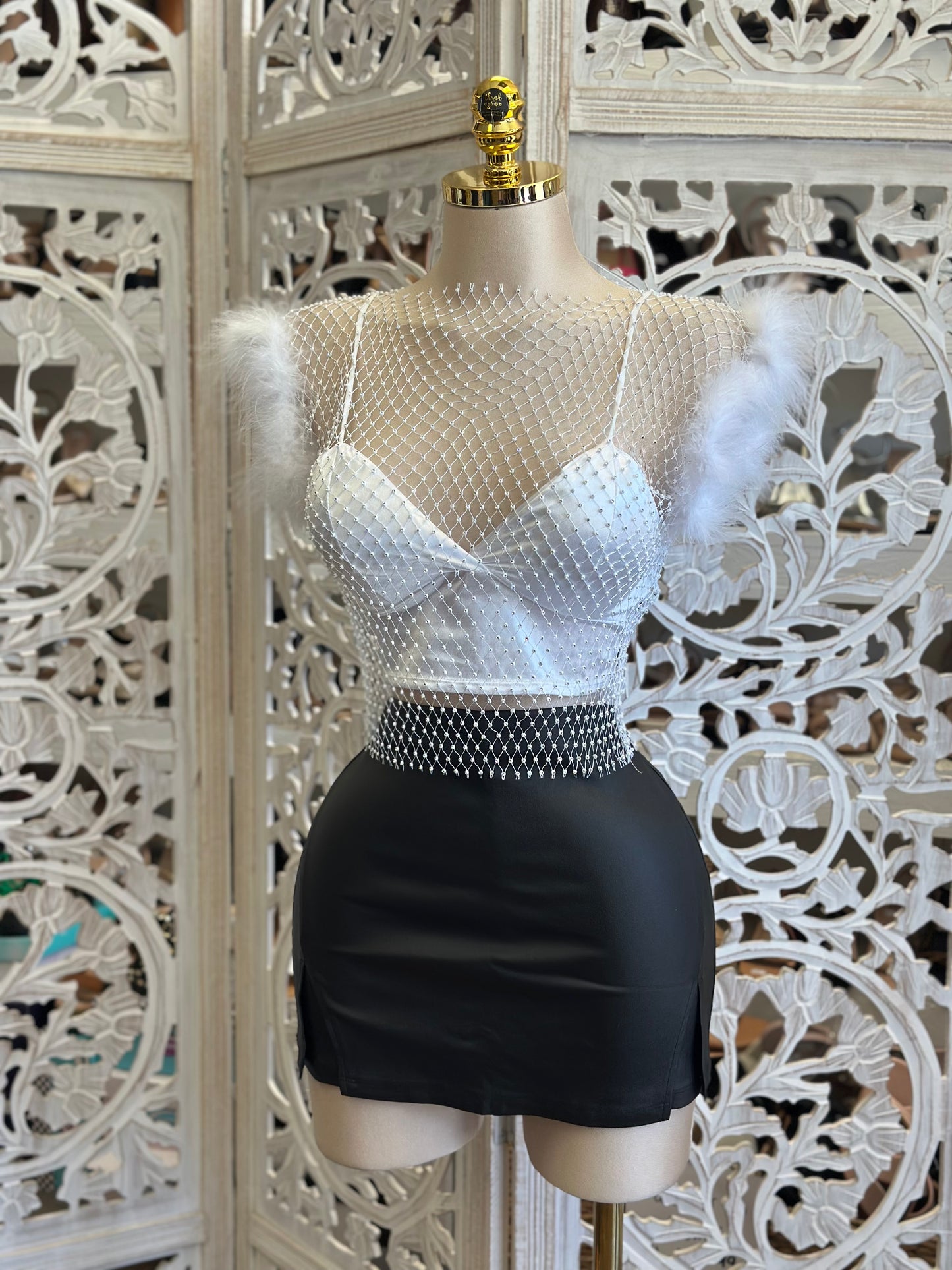 Feathered Netted Top and Undershirt - Estira, Stretchy