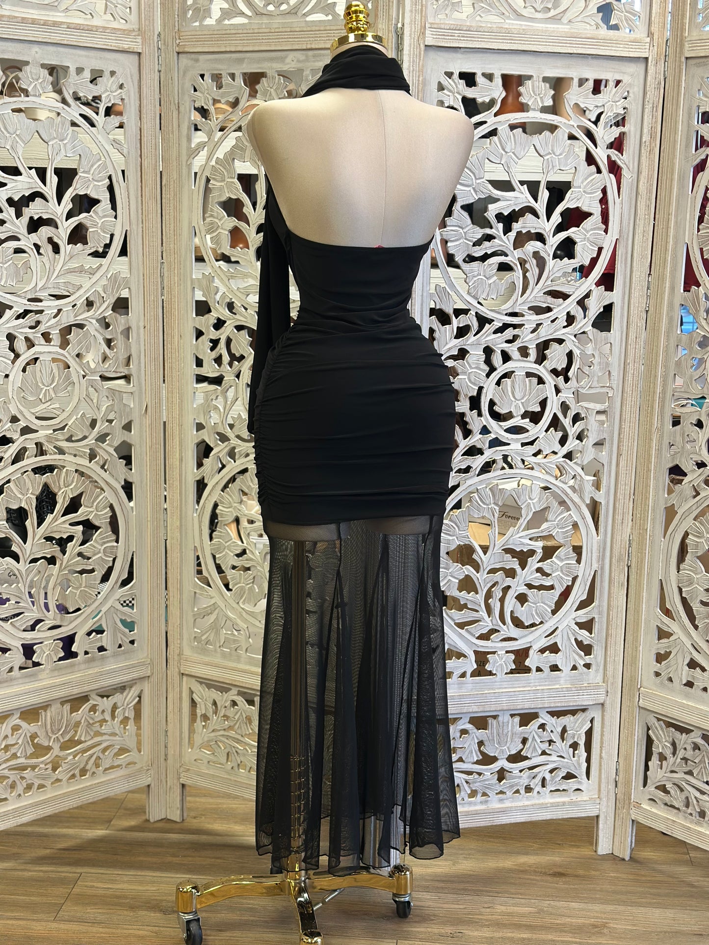 Black Mesh Scarfed Gown -Stretchy,Estira