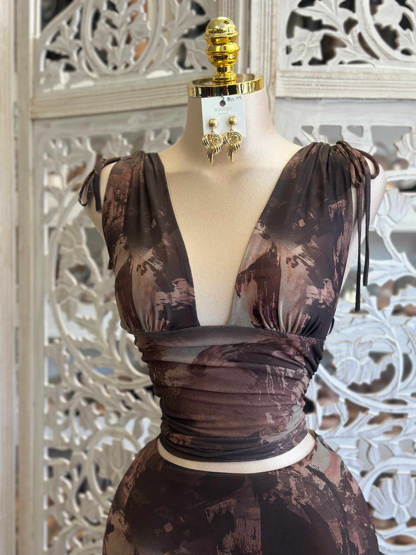 Brown Brushed Pattern Set- Estira,Stretchy