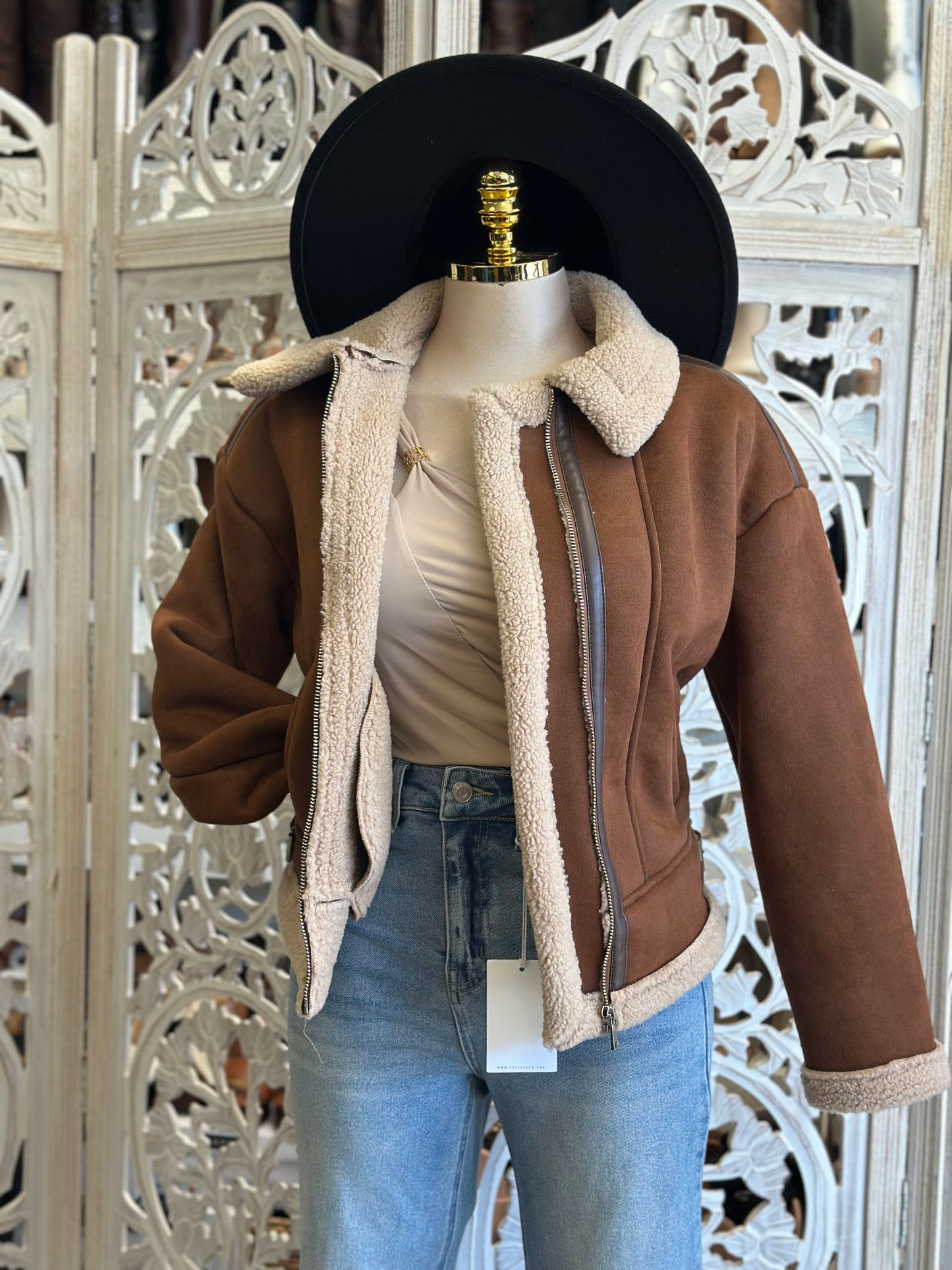 Brown Suede Sherpa Full Zip Jacket