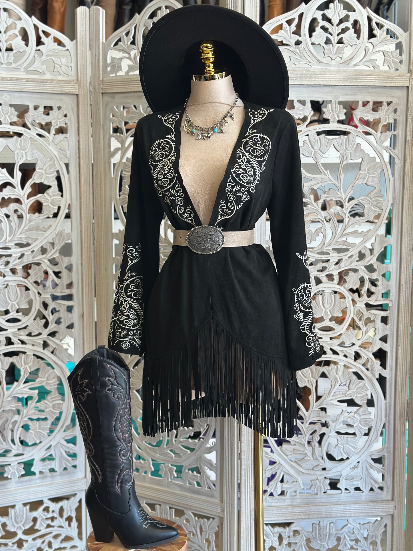 Black Suede Embroidered Fringe Cardigan - Stretchy, Estira