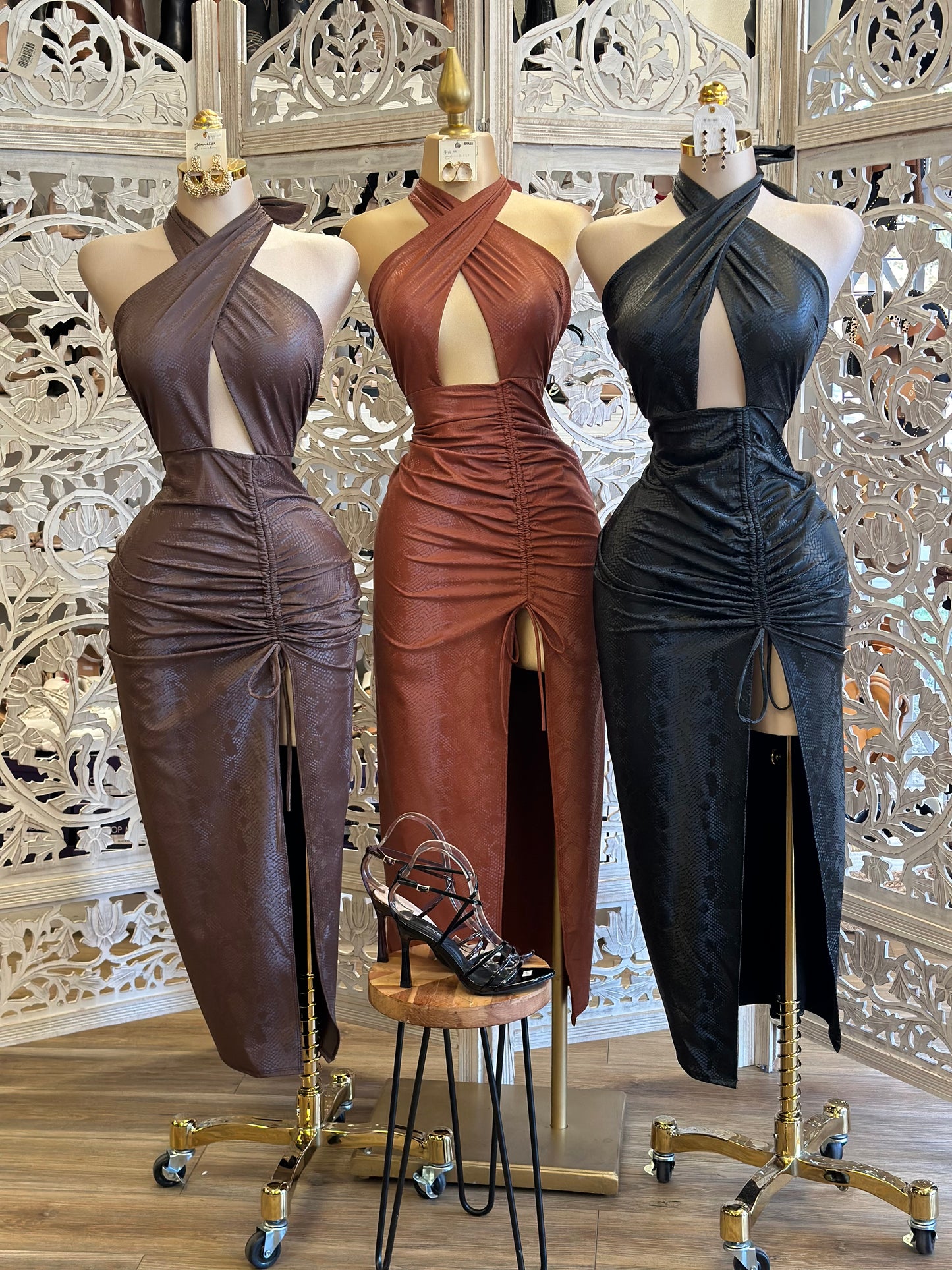 Cross Front Snake Print Faux Leather Midi Dress- Stretchy