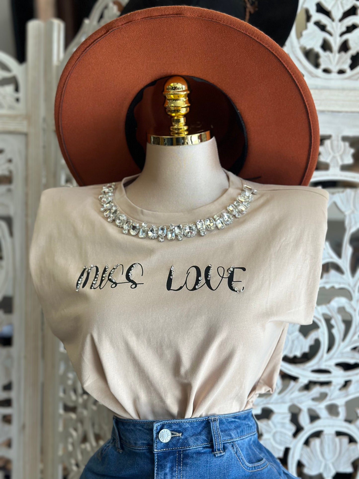 Beige Miss Love Rhinestone Graphic Tee- Stretchy,Estira