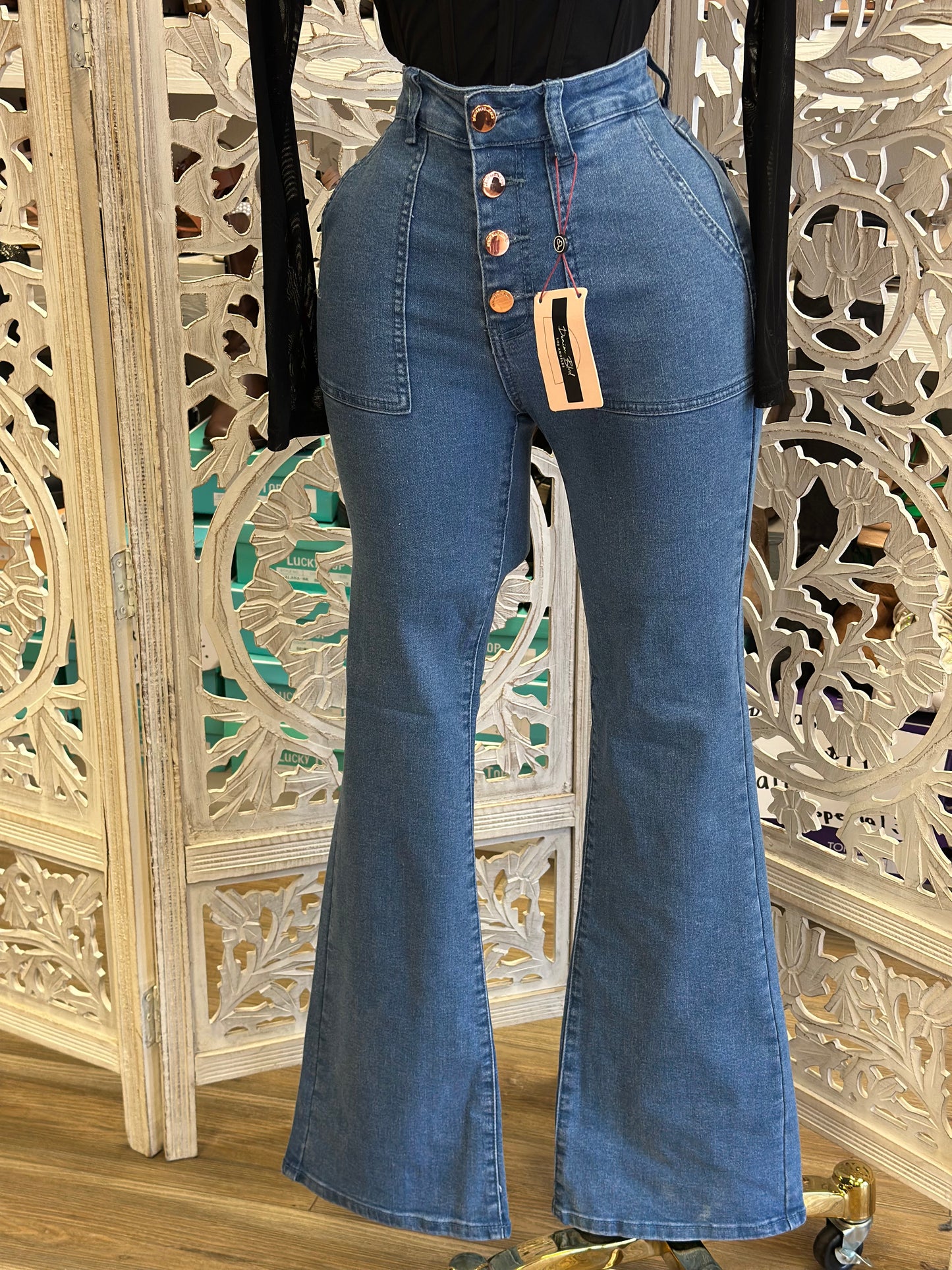 Denim Flare Button Up Jeans - Stretchy, Estira