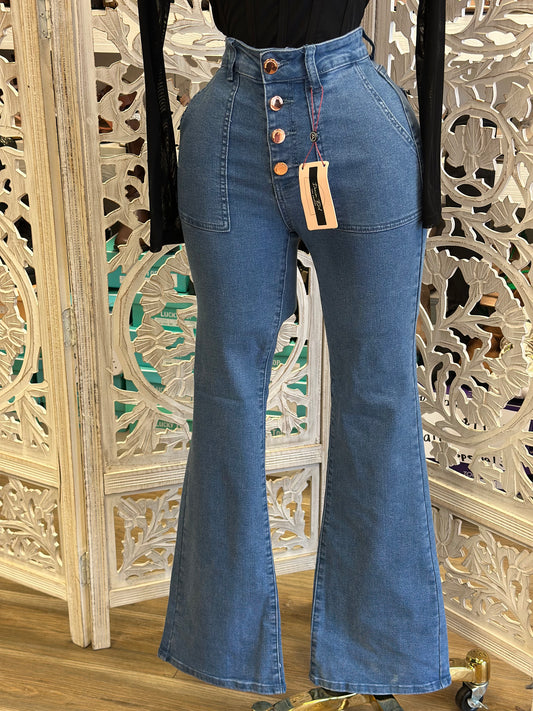 Denim Flare Button Up Jeans - Stretchy, Estira