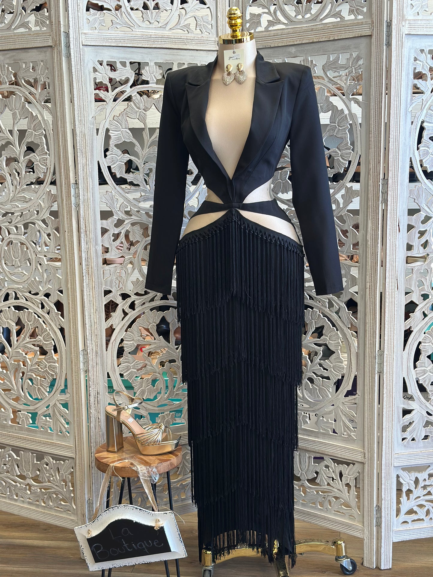 Fringe Hip Cutout Black Dress-No Estira, Not Stretchy