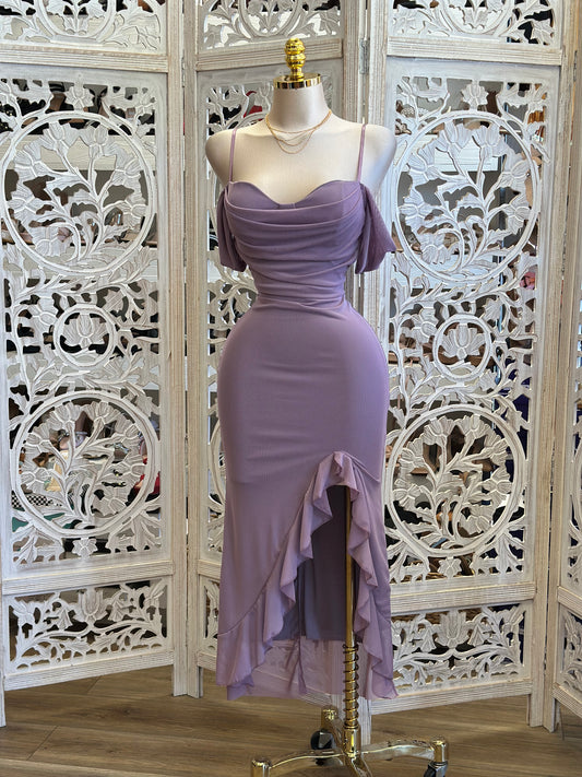 Haze Purple Off Shoulder Draped Ruffle Midi Dress-Estira, Stretchy