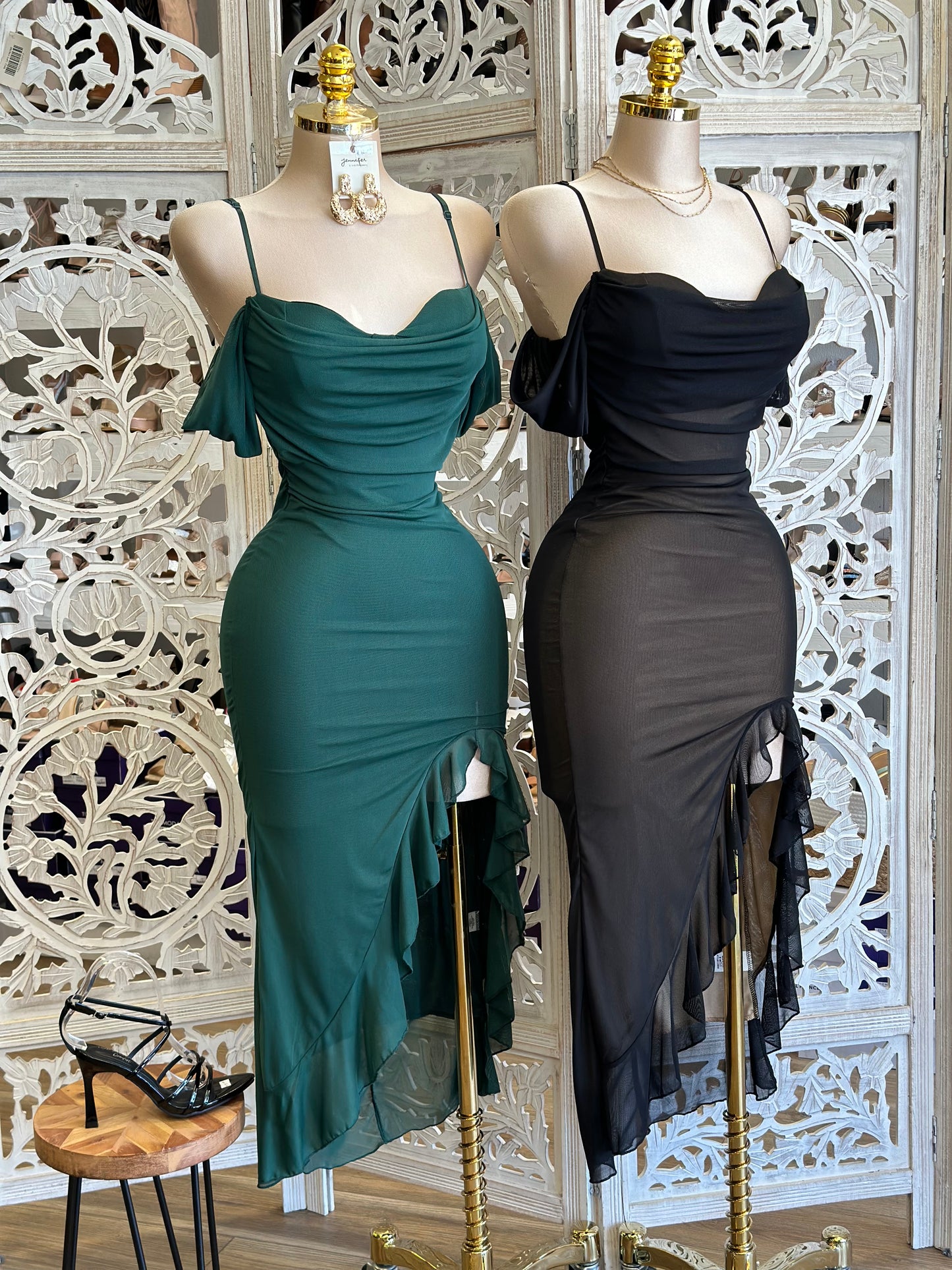 Mesh Off Shoulder Midi Dress- Stretchy,Estira