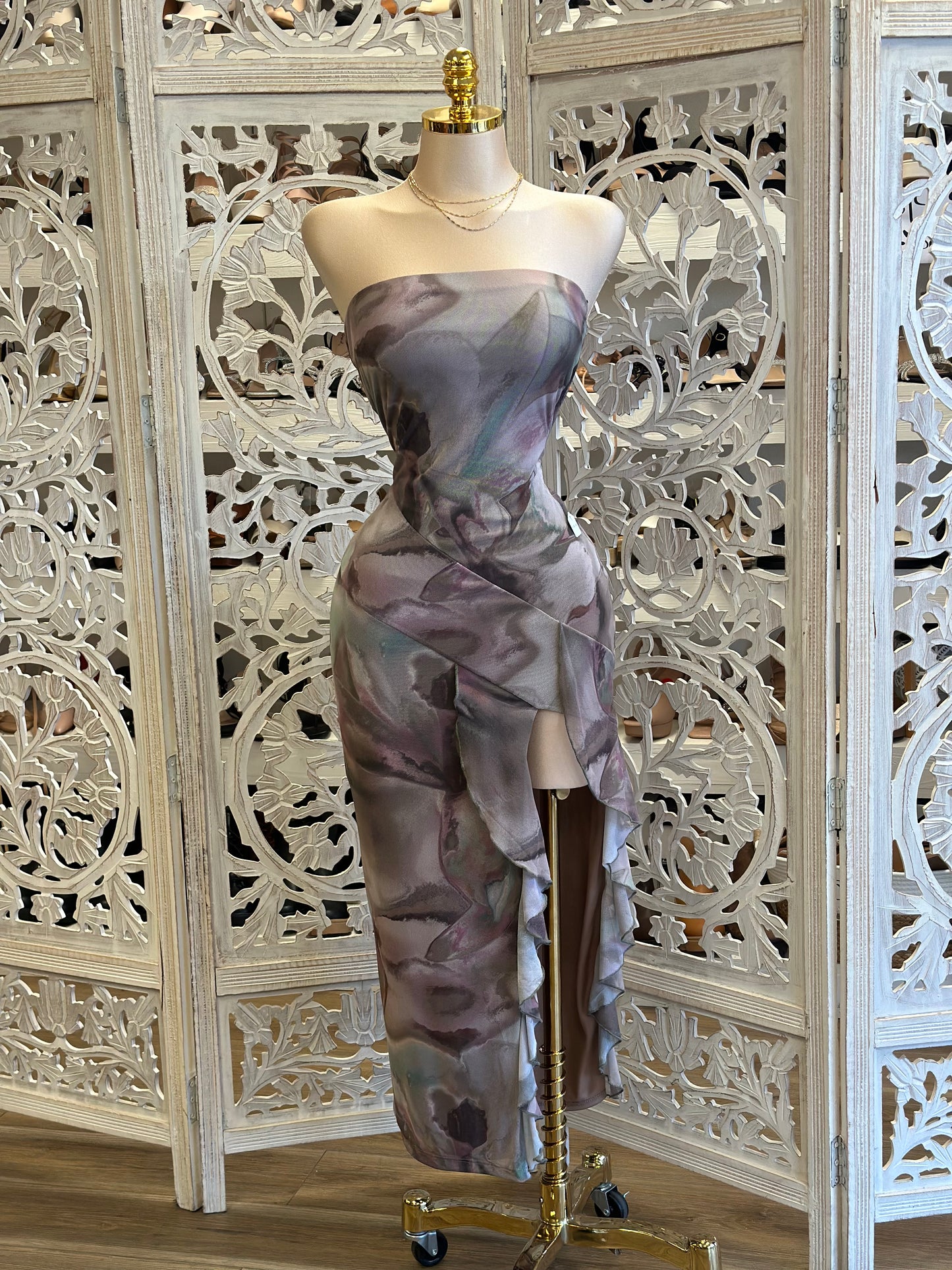 Tie Dye Ruffle Slit Strapless Dress - Estira, Stretchy