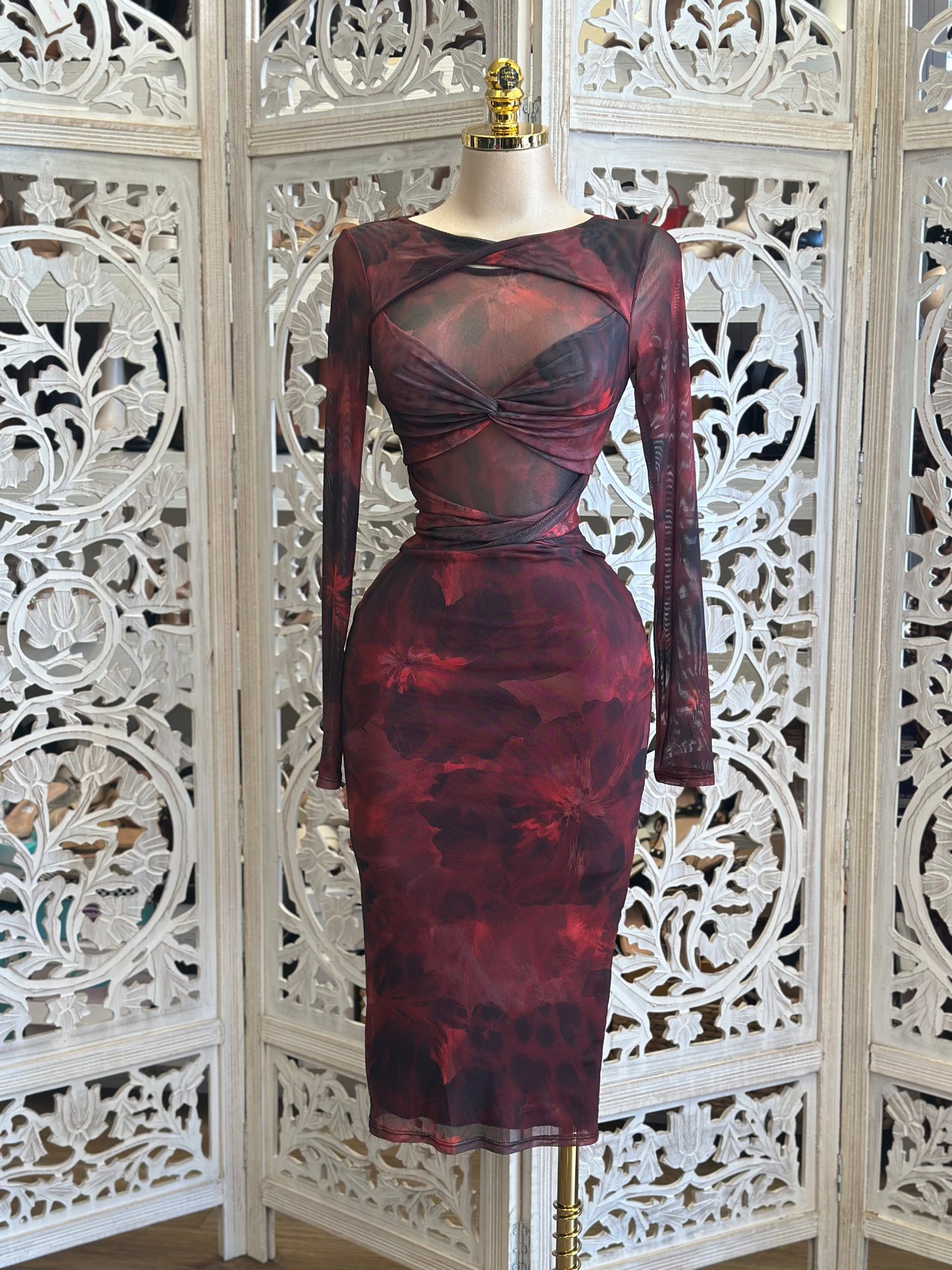 Red Floral Mesh Bow Midi Dress- Stretchy,Estirat