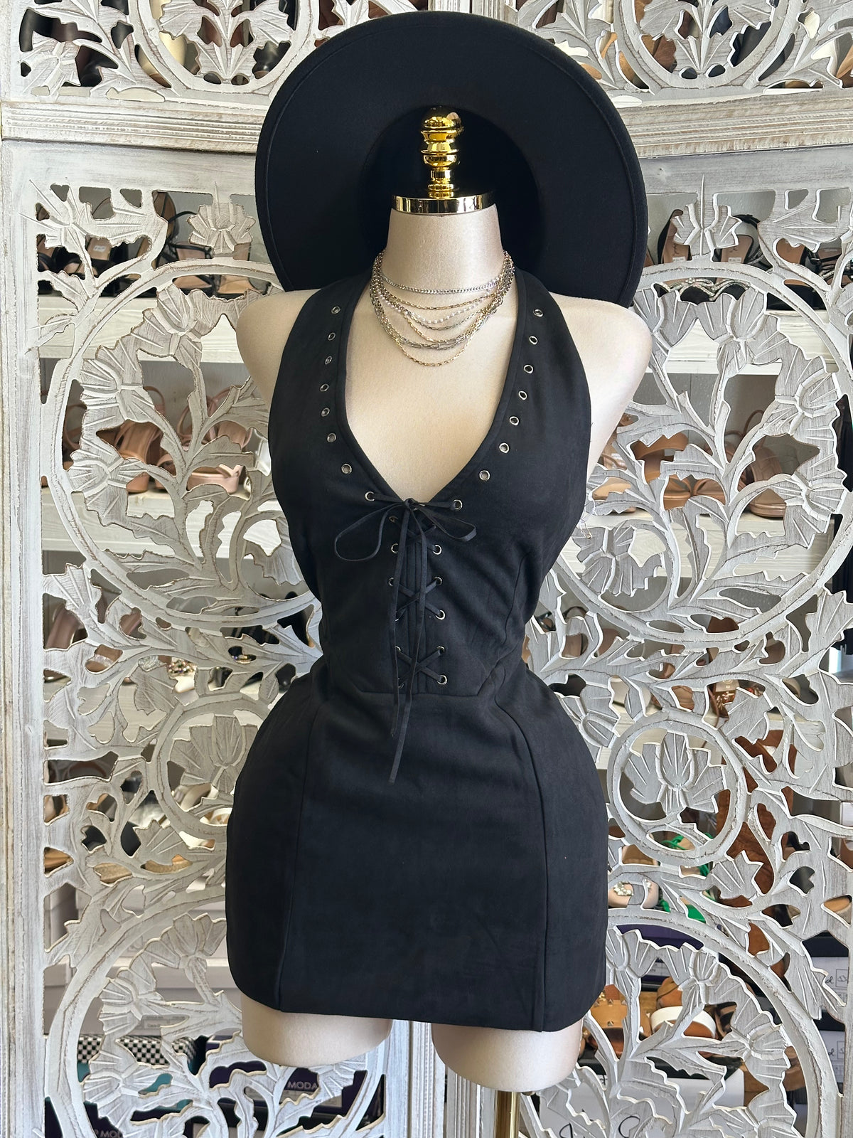 Solestia Plunging Halter Dress- Estira Poco, Slightly Stretchy