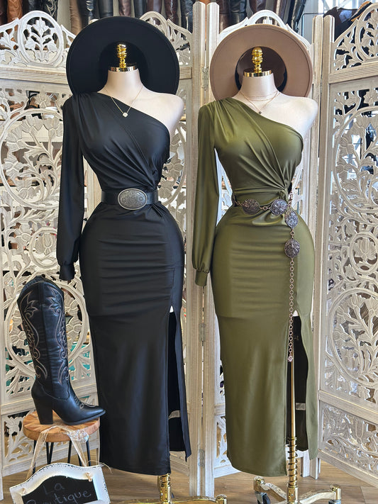 One Sleeve Knotted Midi Dress - Estira, Stretchy