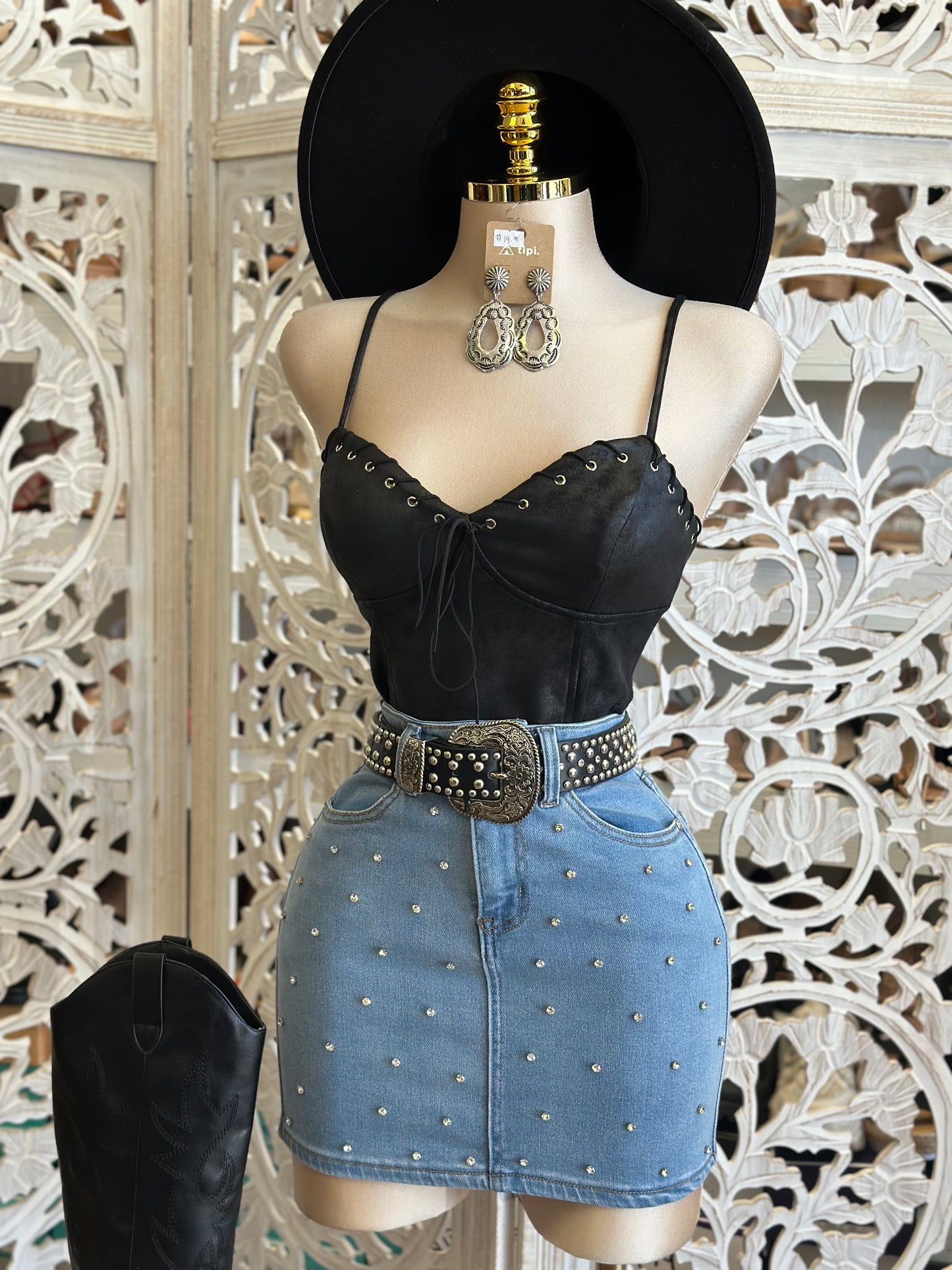 Denim Rhinestone Mini Skirt-Estira, Stretchy