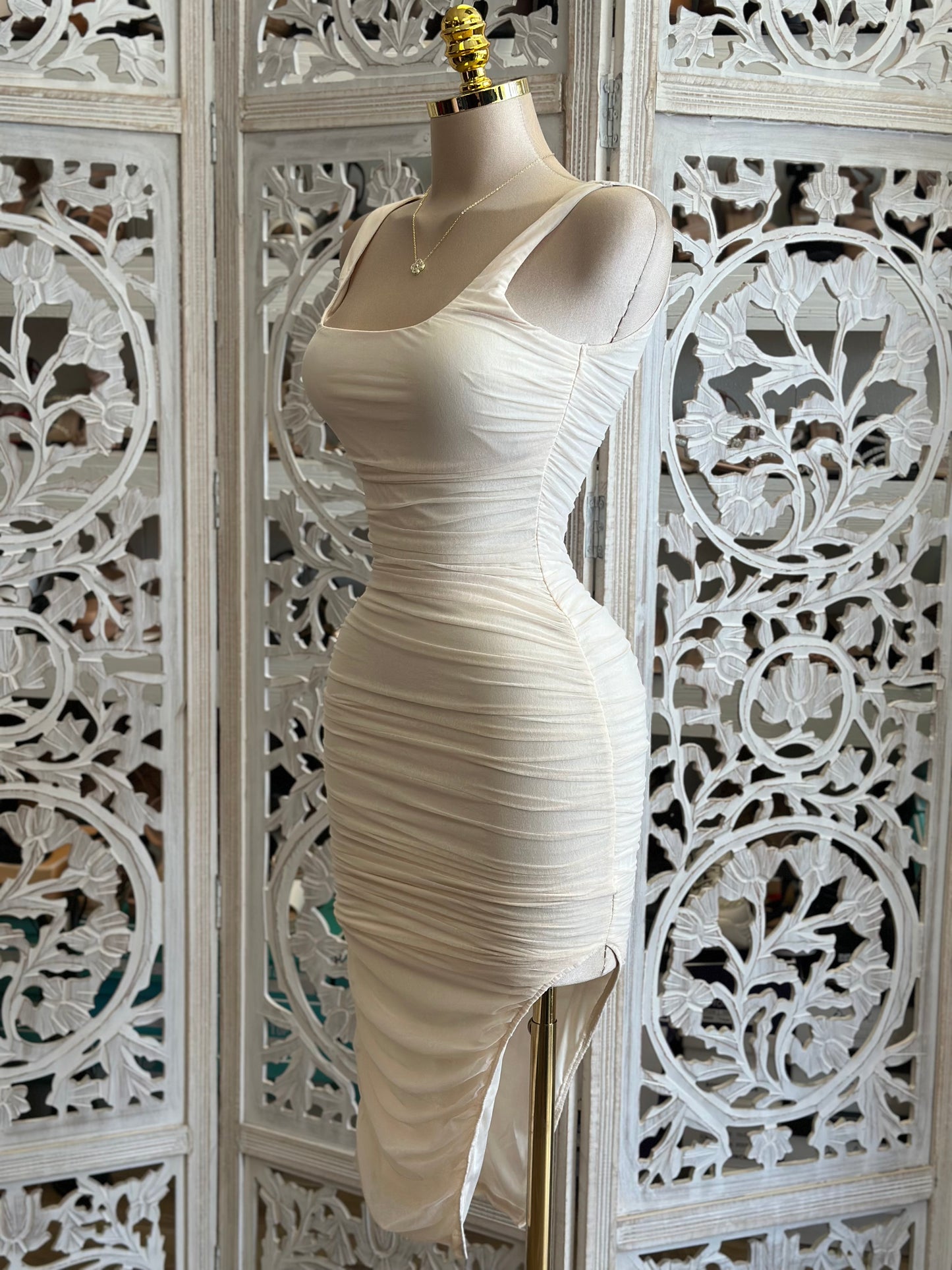 Ivory Scoop Neck Ruched Midi Dress -Estira, Stretchy