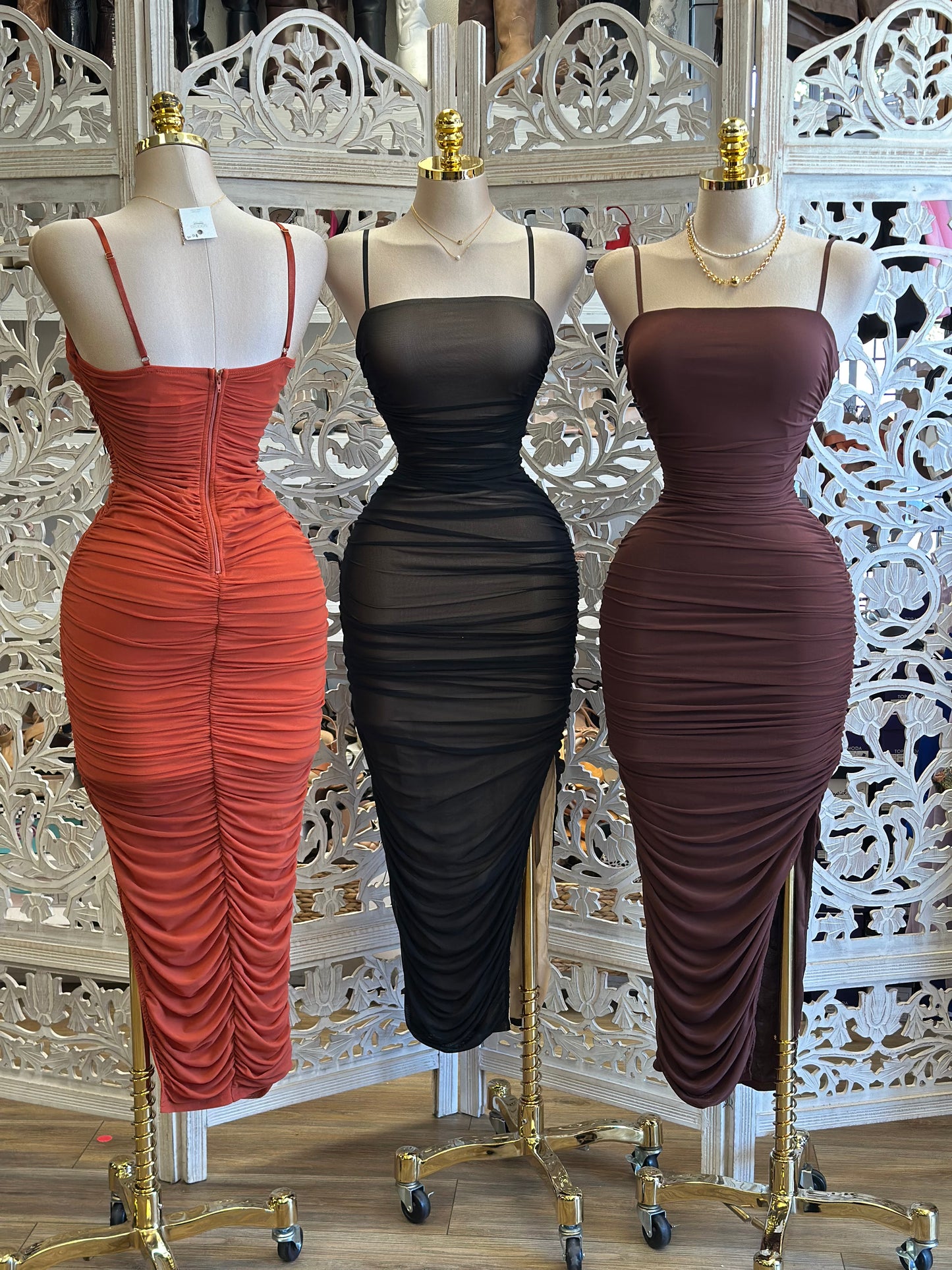 Mesh Ruched Midi Dress- Estira, Stretchy