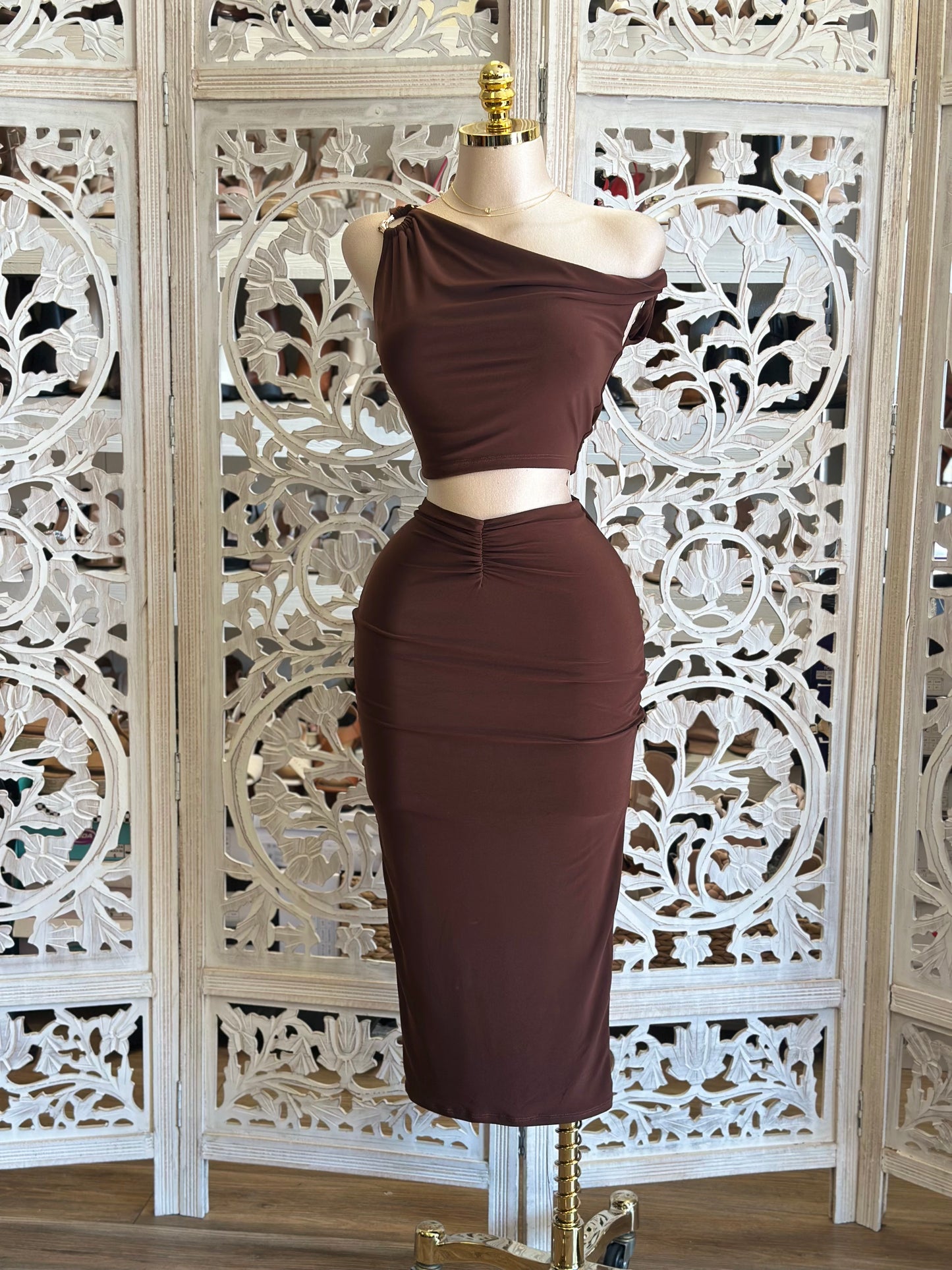 Brown Ruched Asymmetrical Set- Estira,Stretchy