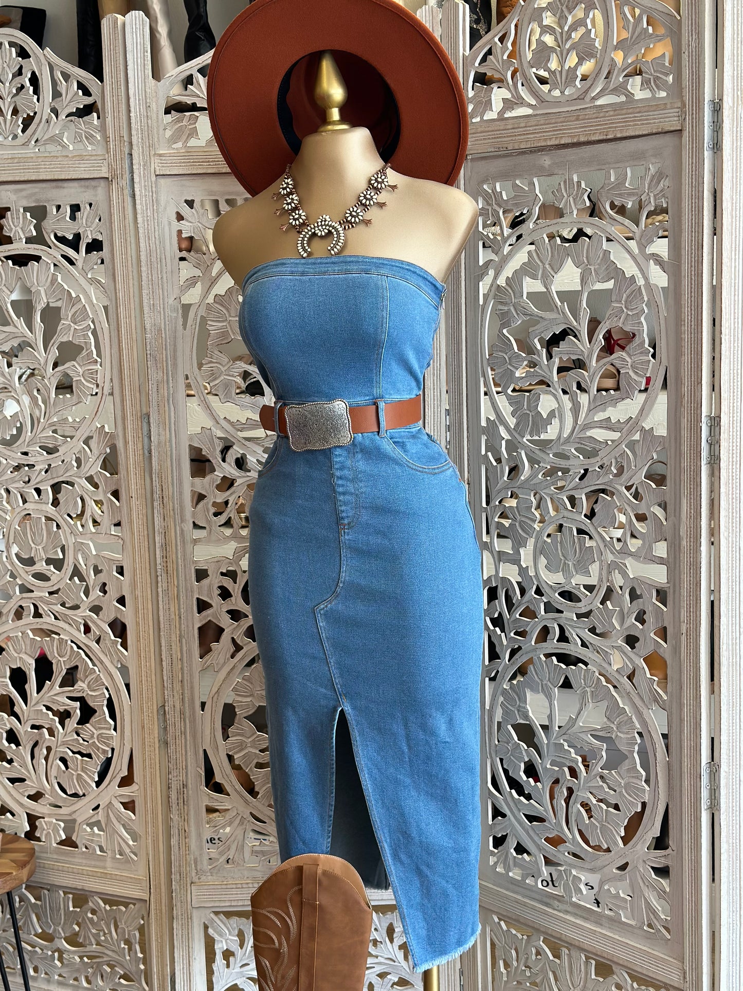 Denim Strapless Slit Dress- Slightly Stretchy