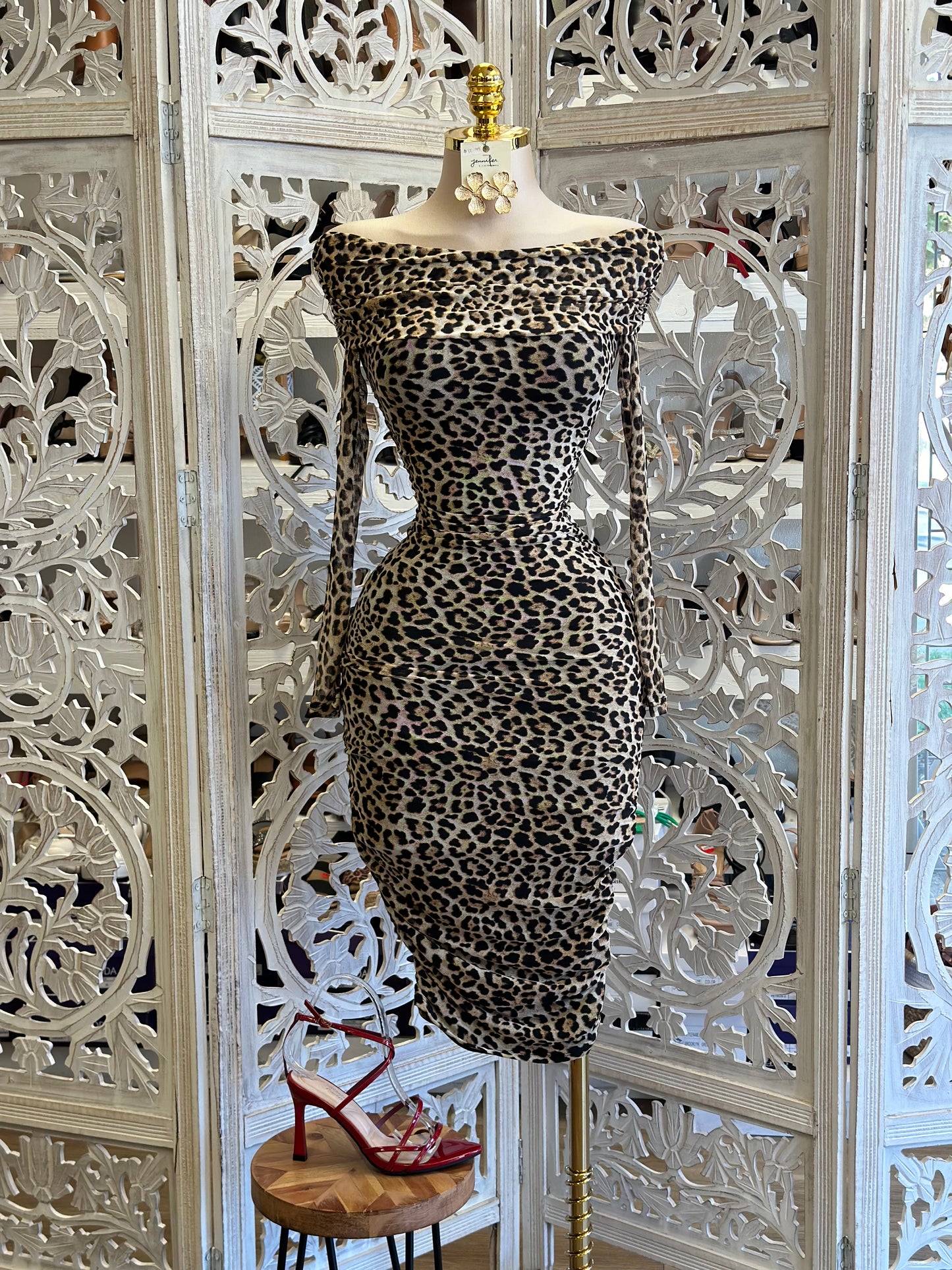 Leopard Print Off Shoulder Midi Dress- Stretchy, Estira