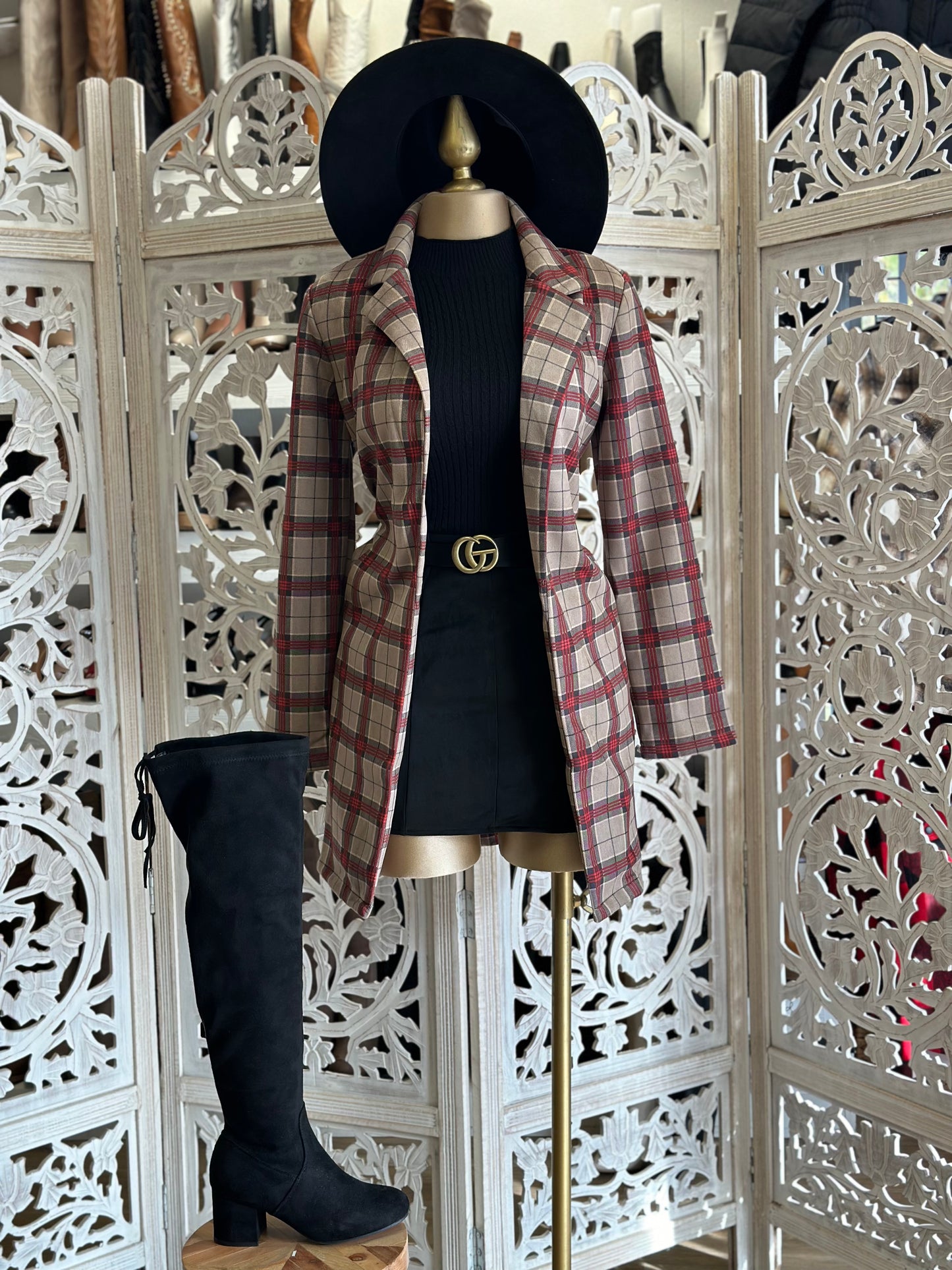 Long Plaid Blazer Coat