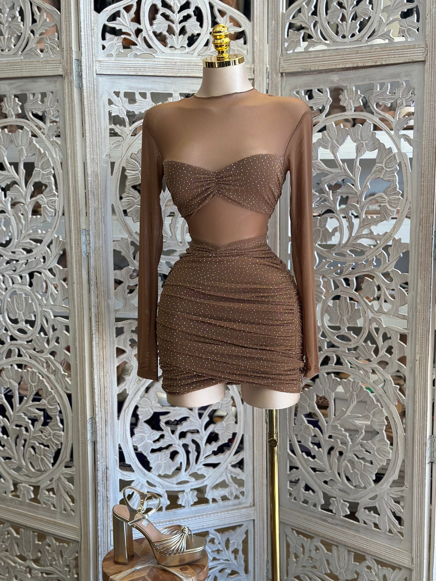 Mesh Rhinestone Mini Dress- Stretchy, Estira