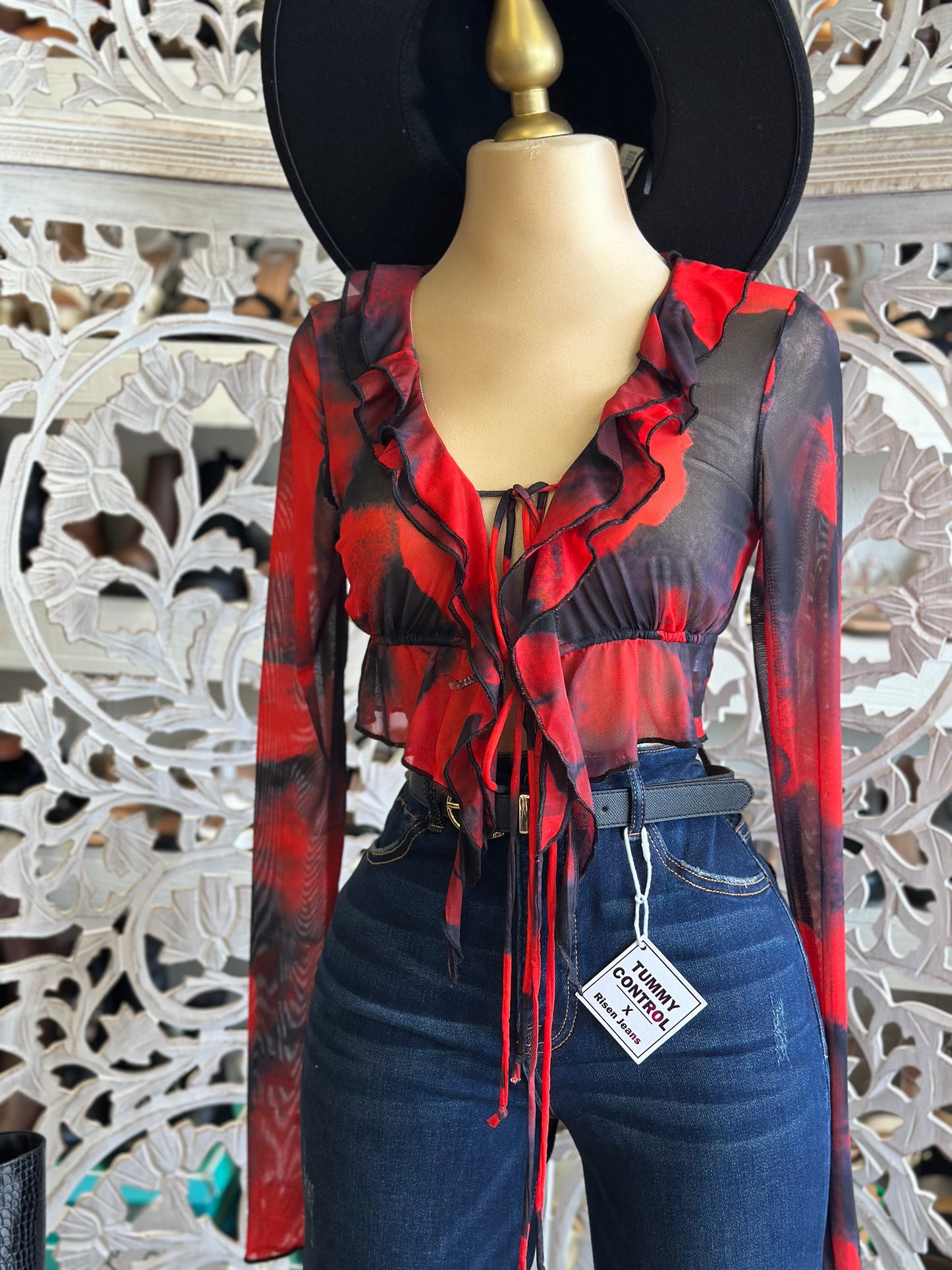 Mesh Red Floral Blouse - Estira, Stretchy
