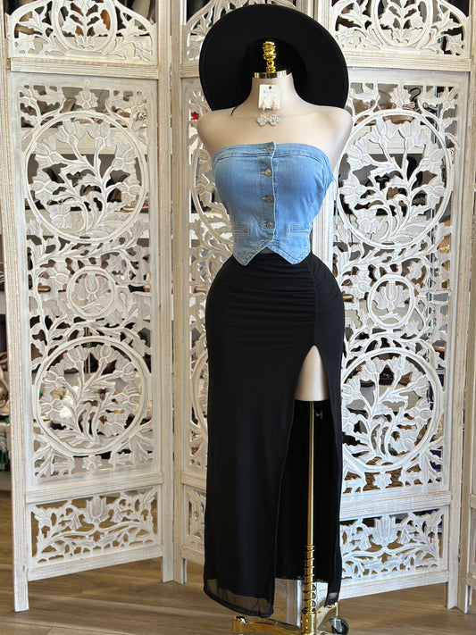 Black High Slit Midi Skirt- Stretchy ,