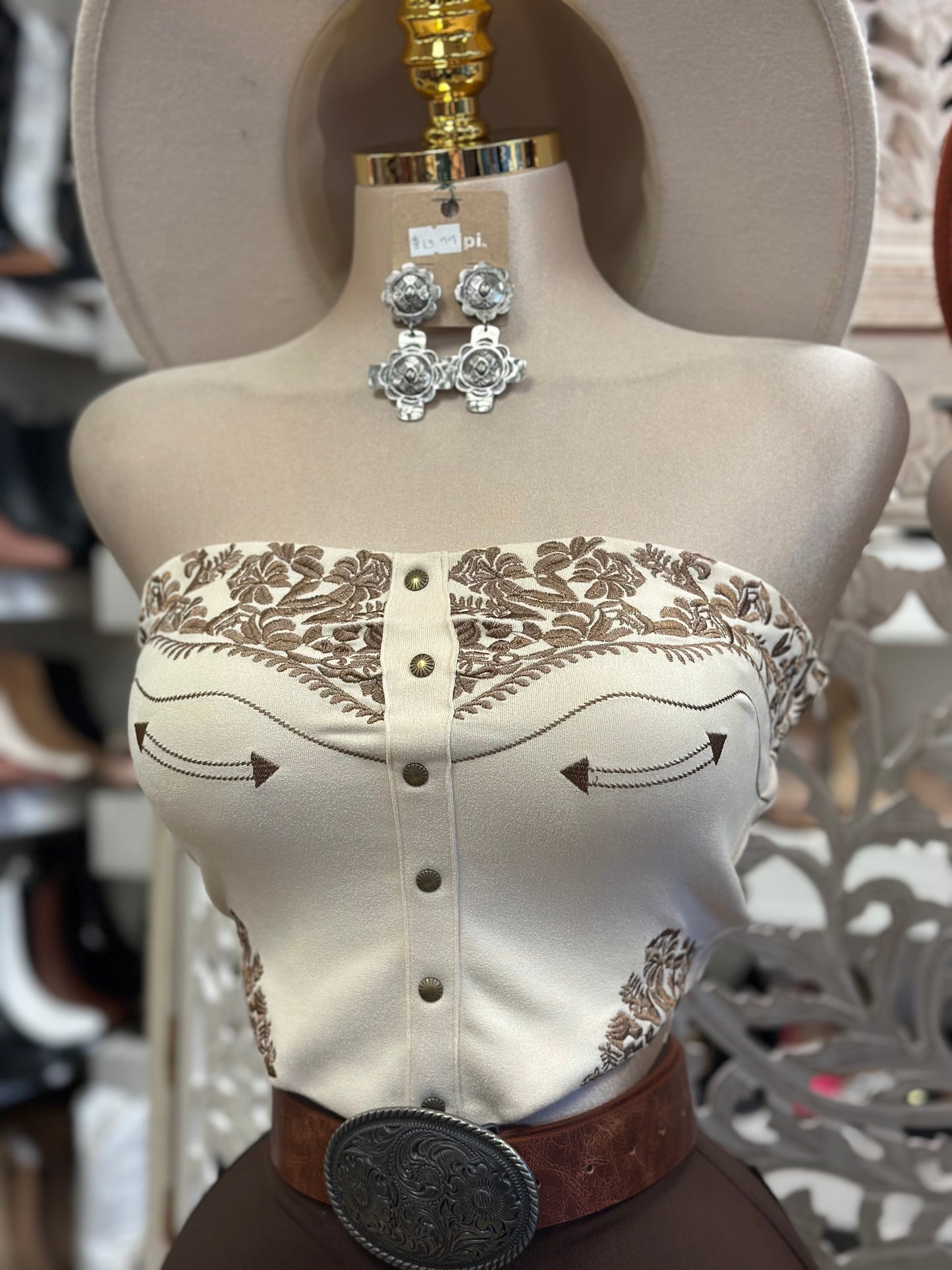 Embroidered Western Strapless Top- Estira, Stretchy