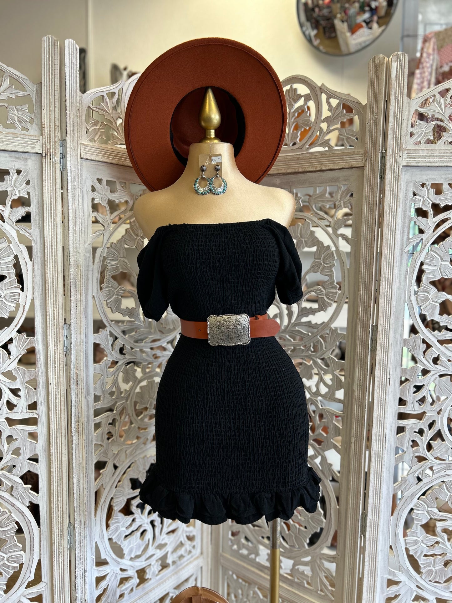 Black Smocked Mini Dress- Stretchy