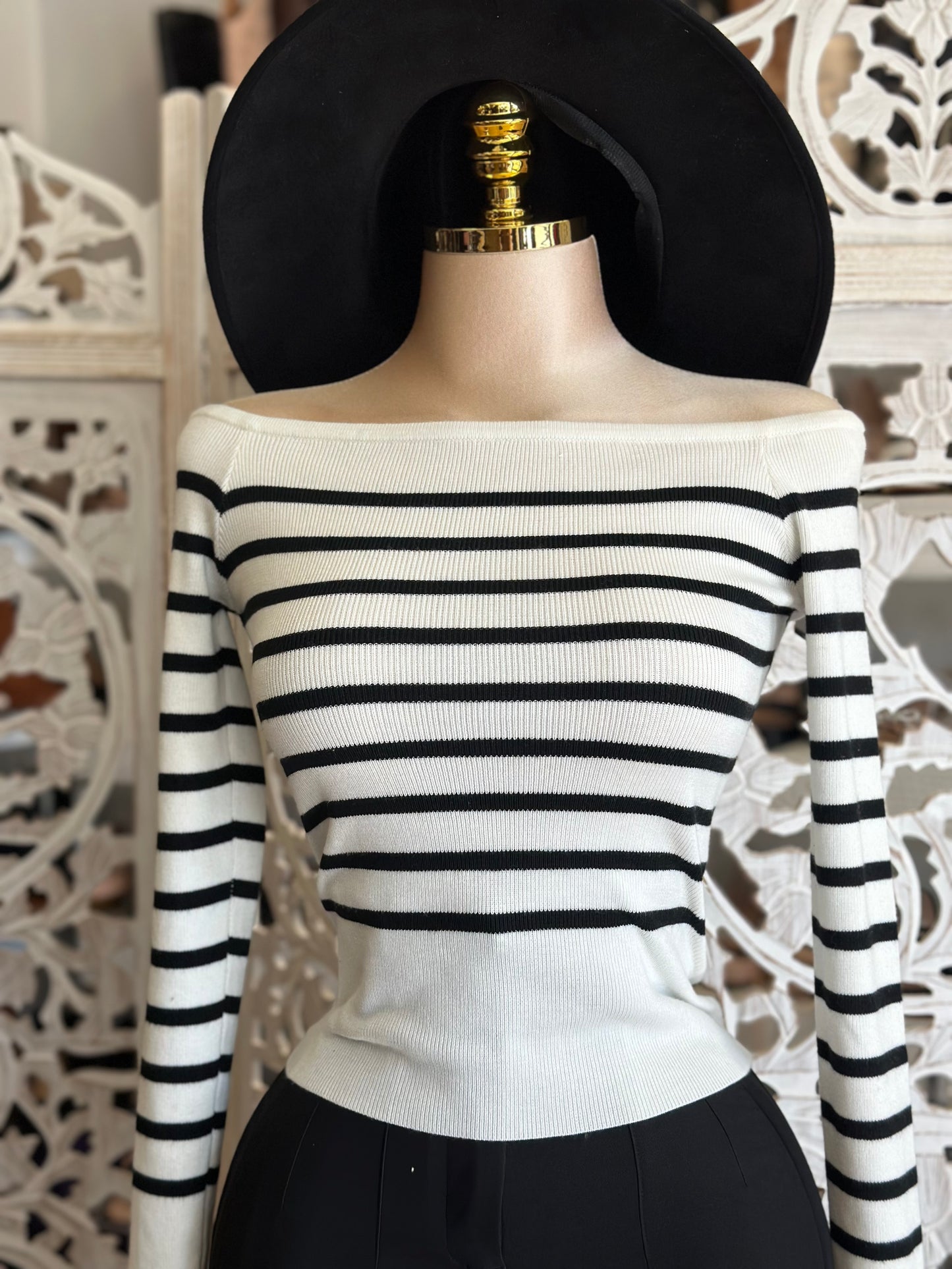 Striped Off Shoulder Sweater Top- Stretchy,Estira