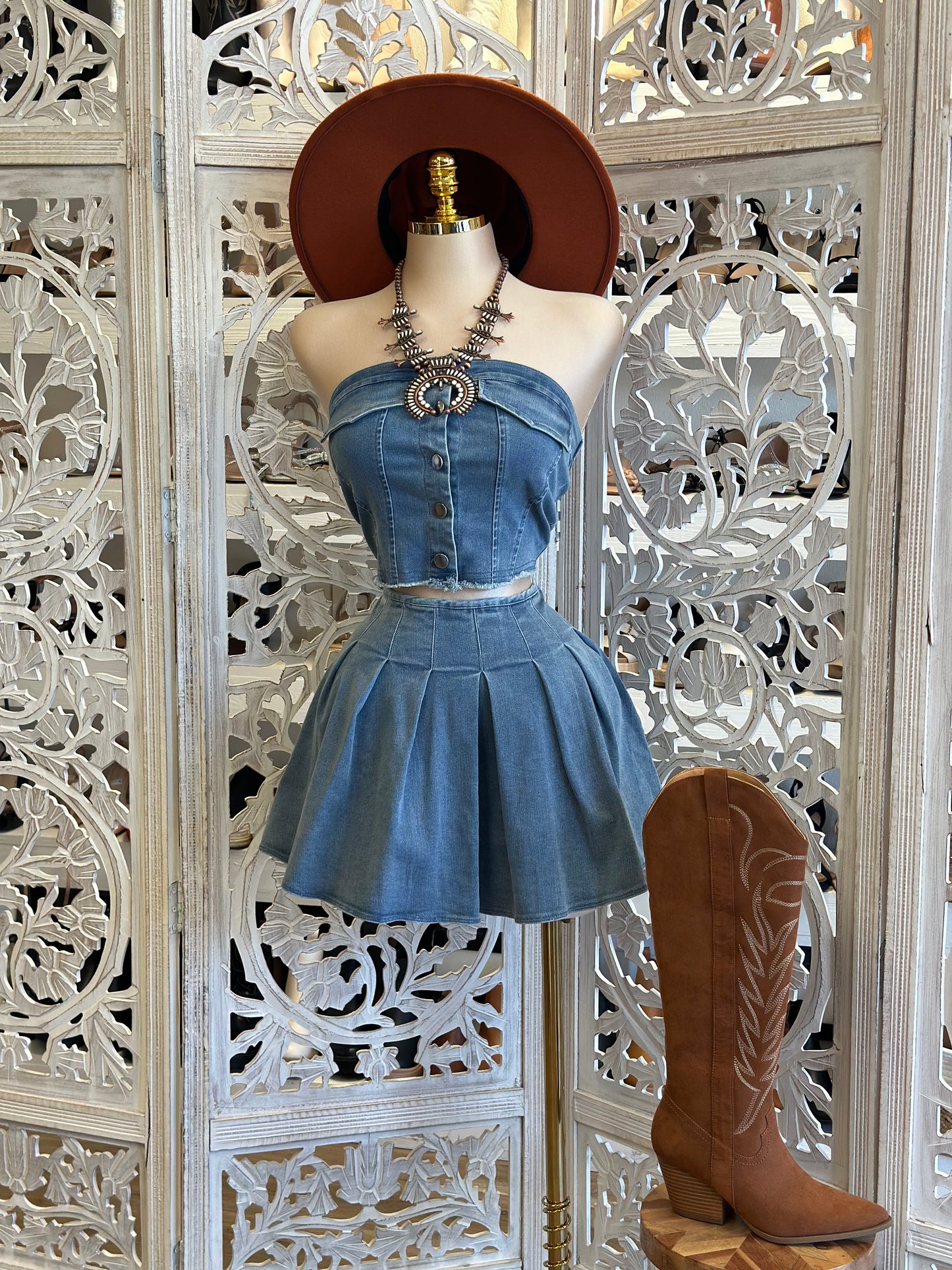 Denim Mini Skirt Set- Estira, Stretchy