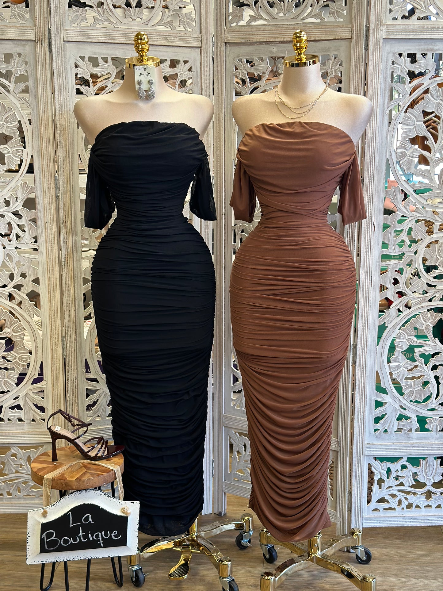 Shoulder Ruched Mesh Dress- Stretchy,Estira