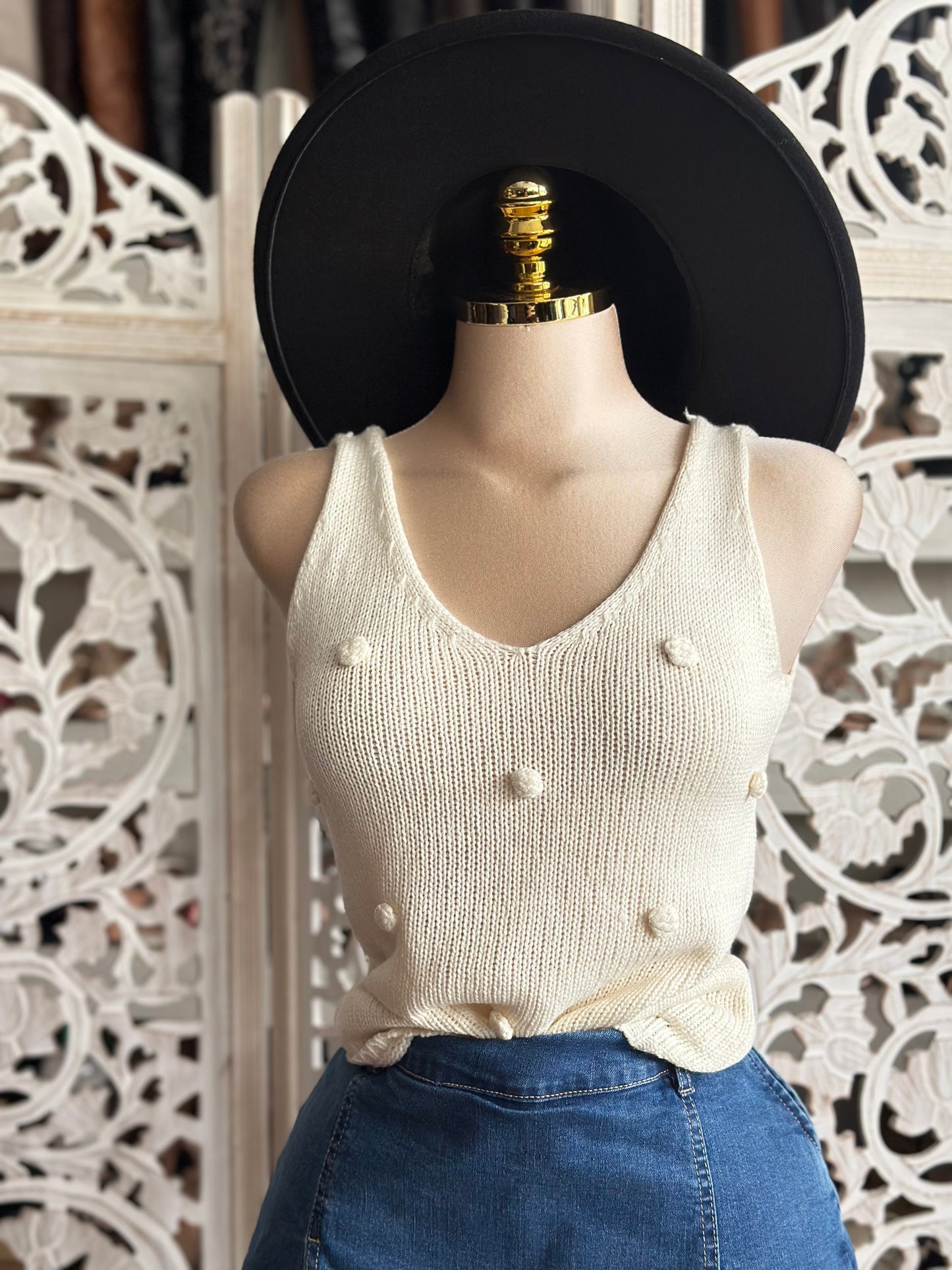 Ivory Knit Dotted Blouse- Estira, Stretchy
