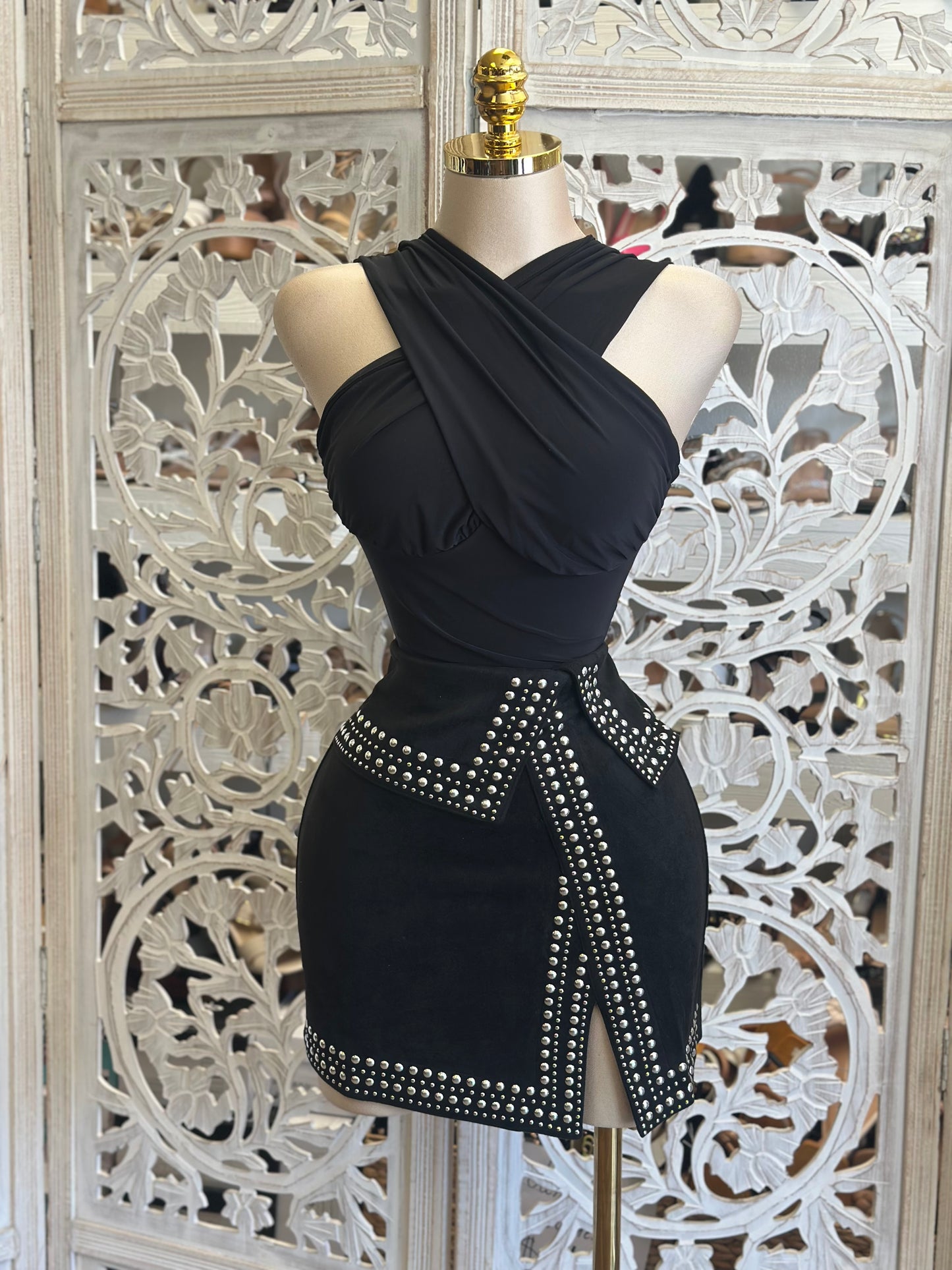 Black Suede Studded Mini Skirt- Stretchy , Estira