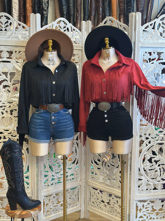 Suede Fringe Button Up Blouse- Estira, Stretchy