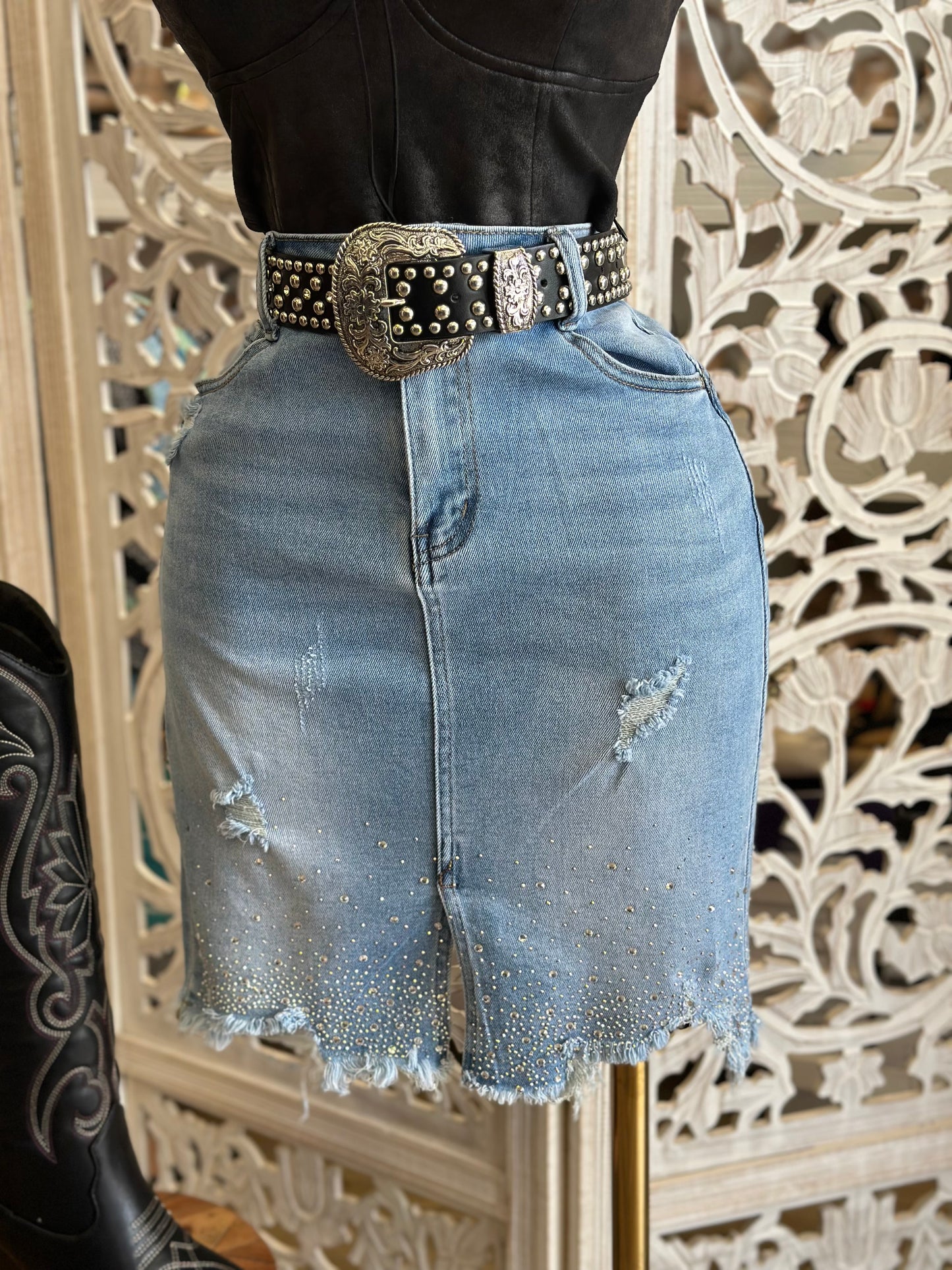 Denim Rhinestone Gradient Skirt-Estira, Stretchy