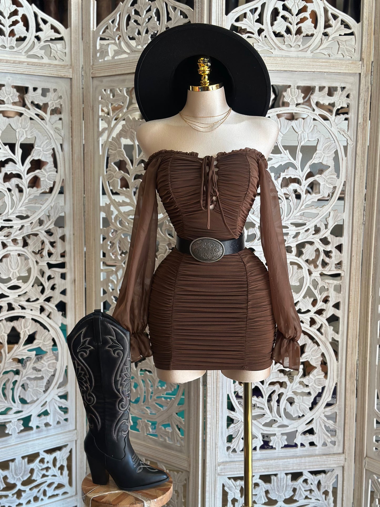 Brown Ruched Bell Sleeve Mini Dress- Stretchy,Estira