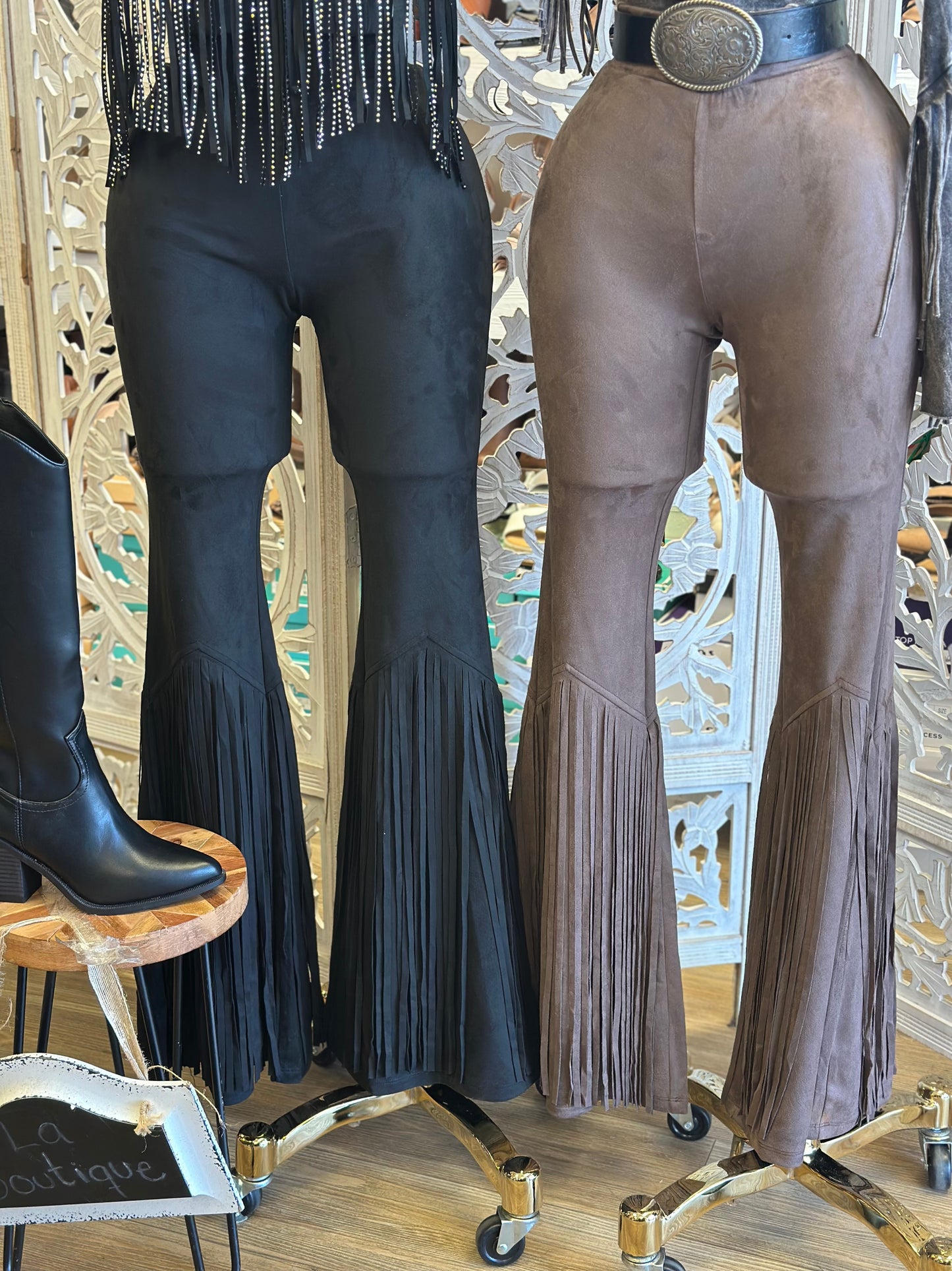 Suede Fringe Bell Bottom Western Pants - Estira, Stretchy
