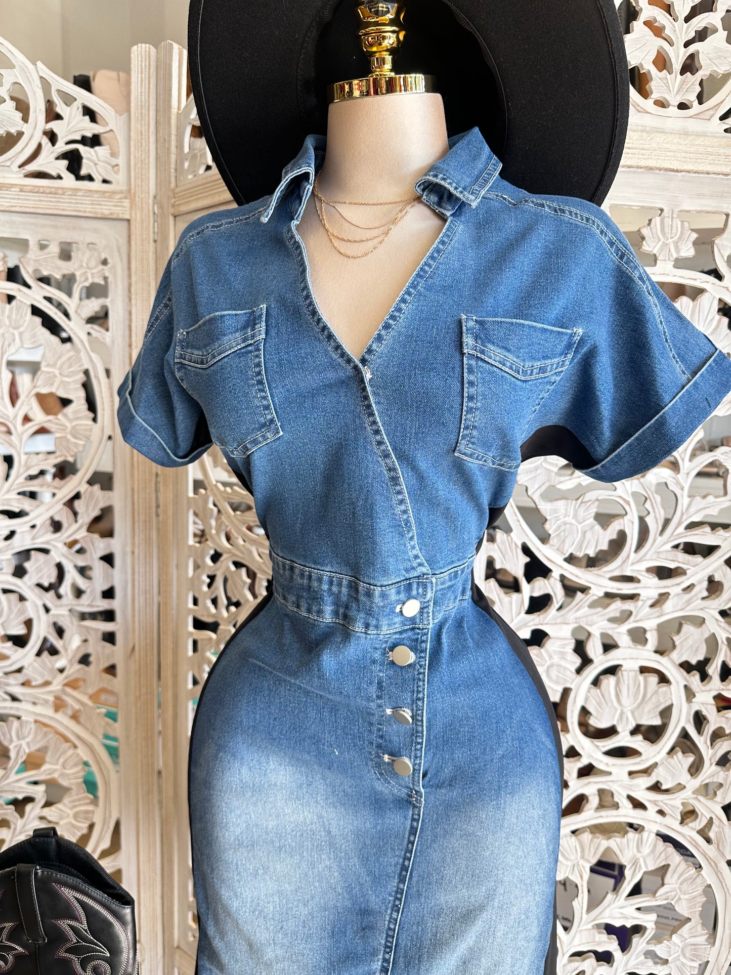 Denim Wrapped Collard Midi Dress- Stretchy,Estira
