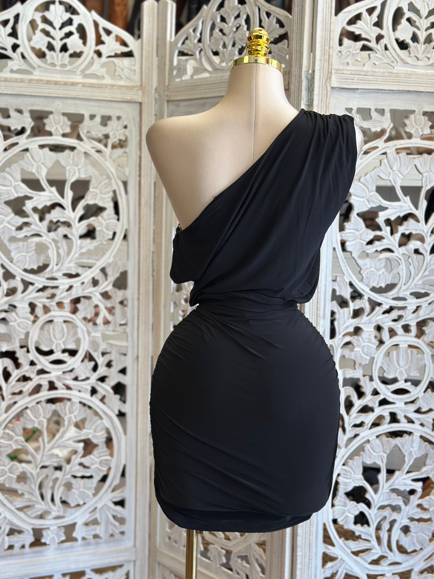 Black Asymmetrical Mini Dress- Stretchy , Estira