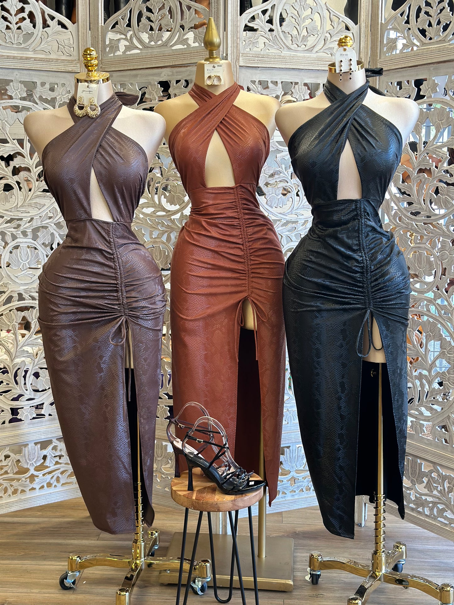 Cross Front Snake Print Faux Leather Midi Dress- Stretchy