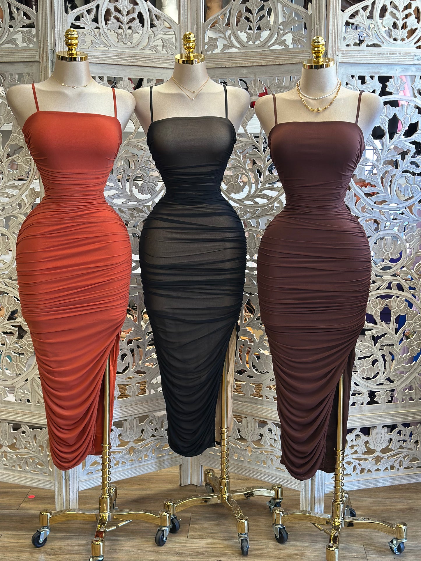 Mesh Ruched Midi Dress- Estira, Stretchy