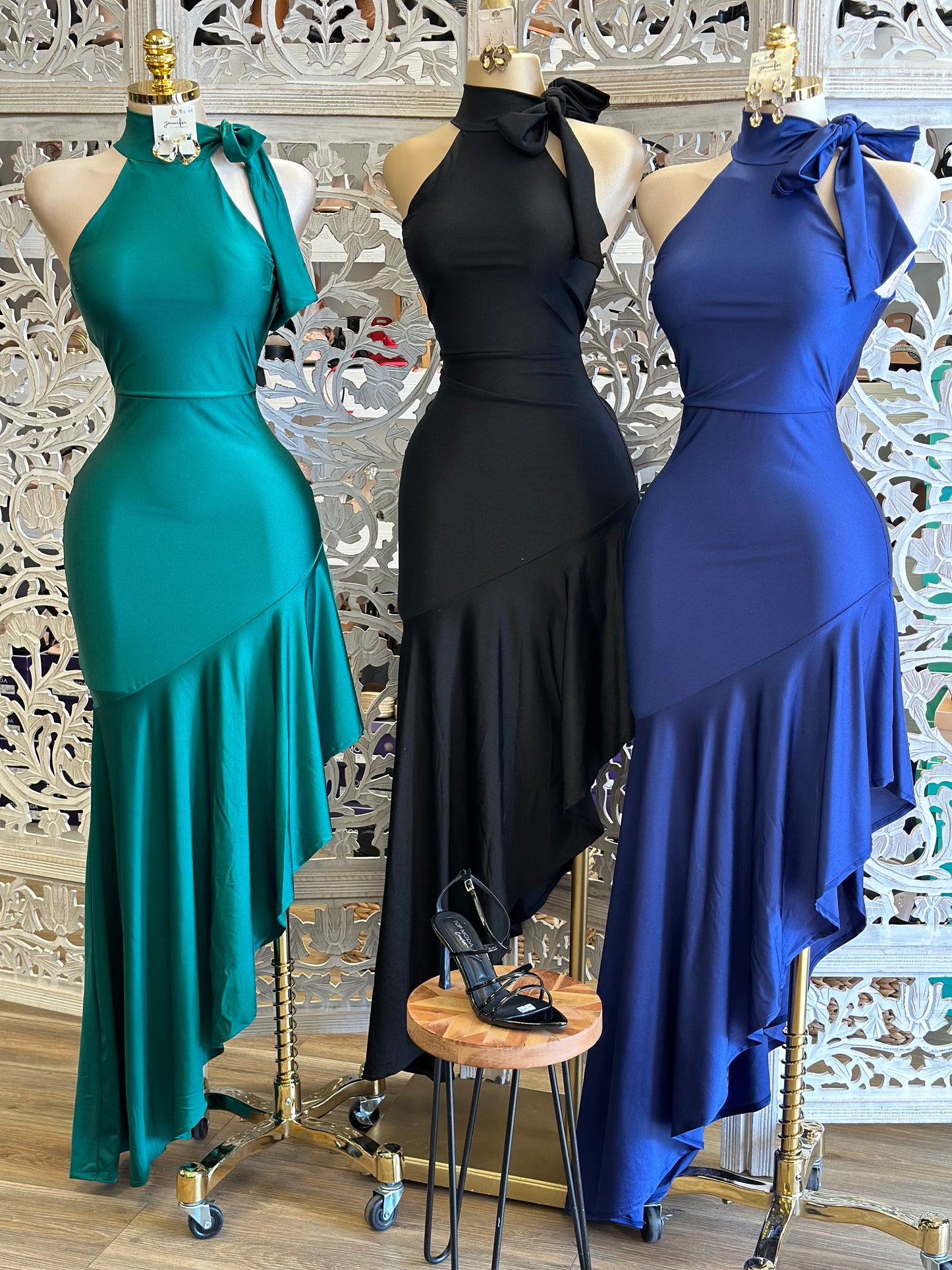 High Neck Ribbon Maxi Dress- Stretchy,Estira