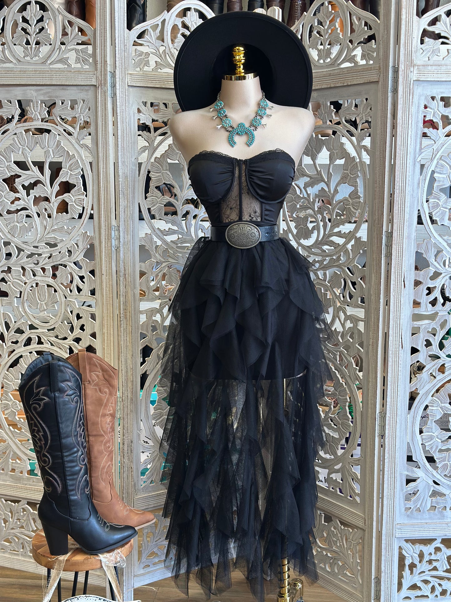 Black Ruffle Strapless Dress- Not Stretchy,No Estira