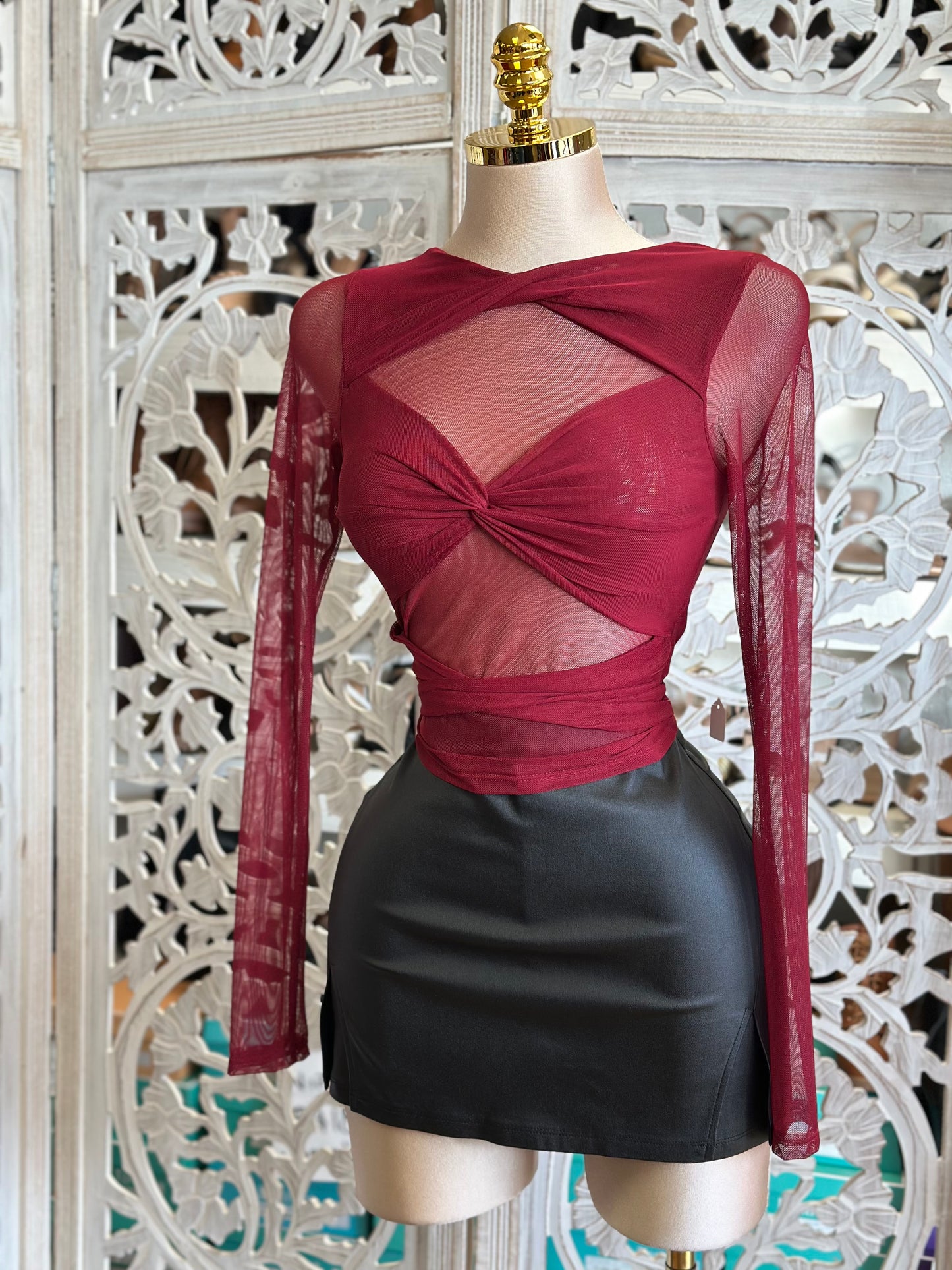 Burgundy Bow Mesh Long Sleeve Blouse- Estira, Stretchy