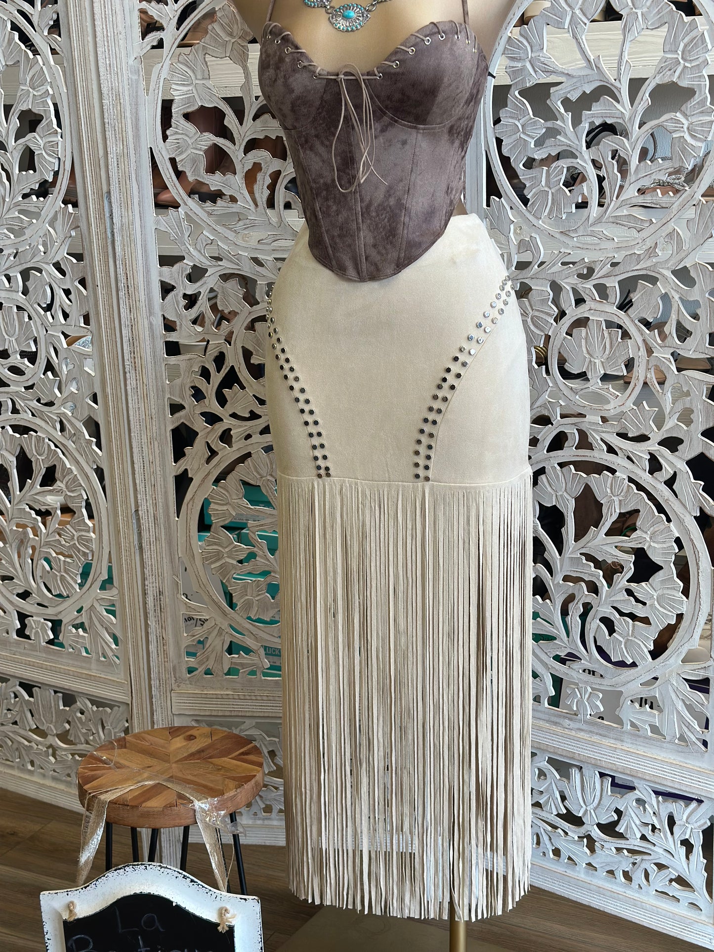 Suede Fringe Midi Skirt-Estira, Stretchy