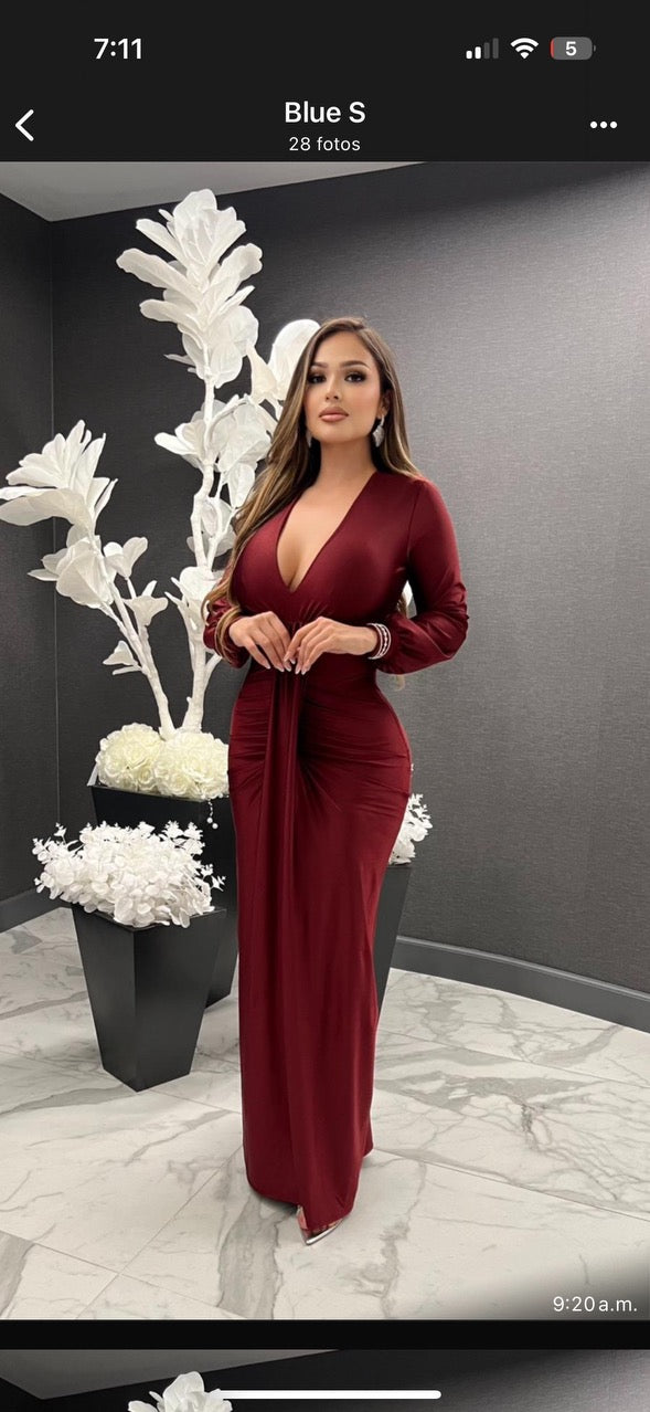 Burgundy Deep V Split Ruched Maxi Dress- Stretchy, Estira