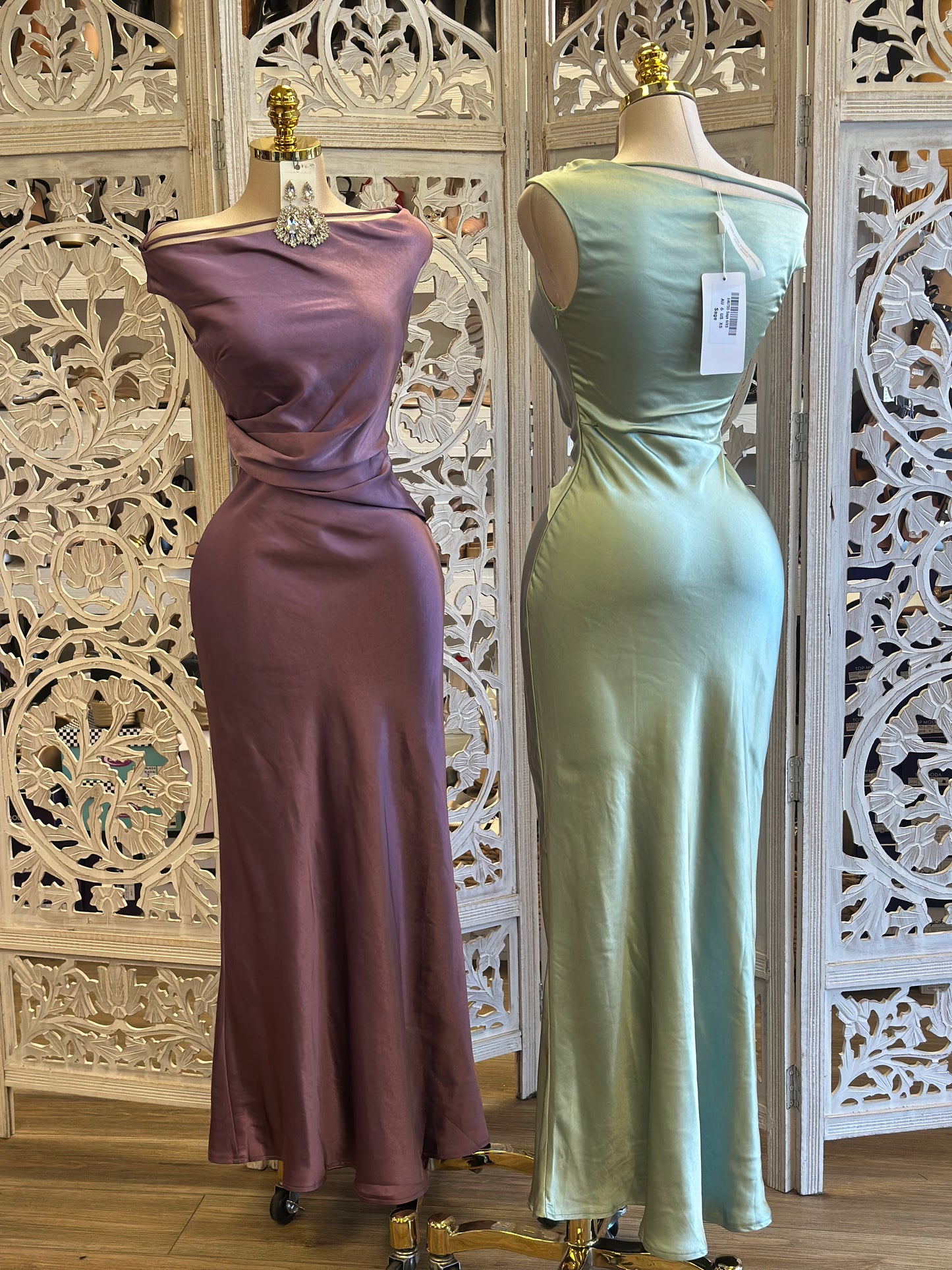 Aria Off Shoulder Satin Dress - No Estira, Not Stretchy